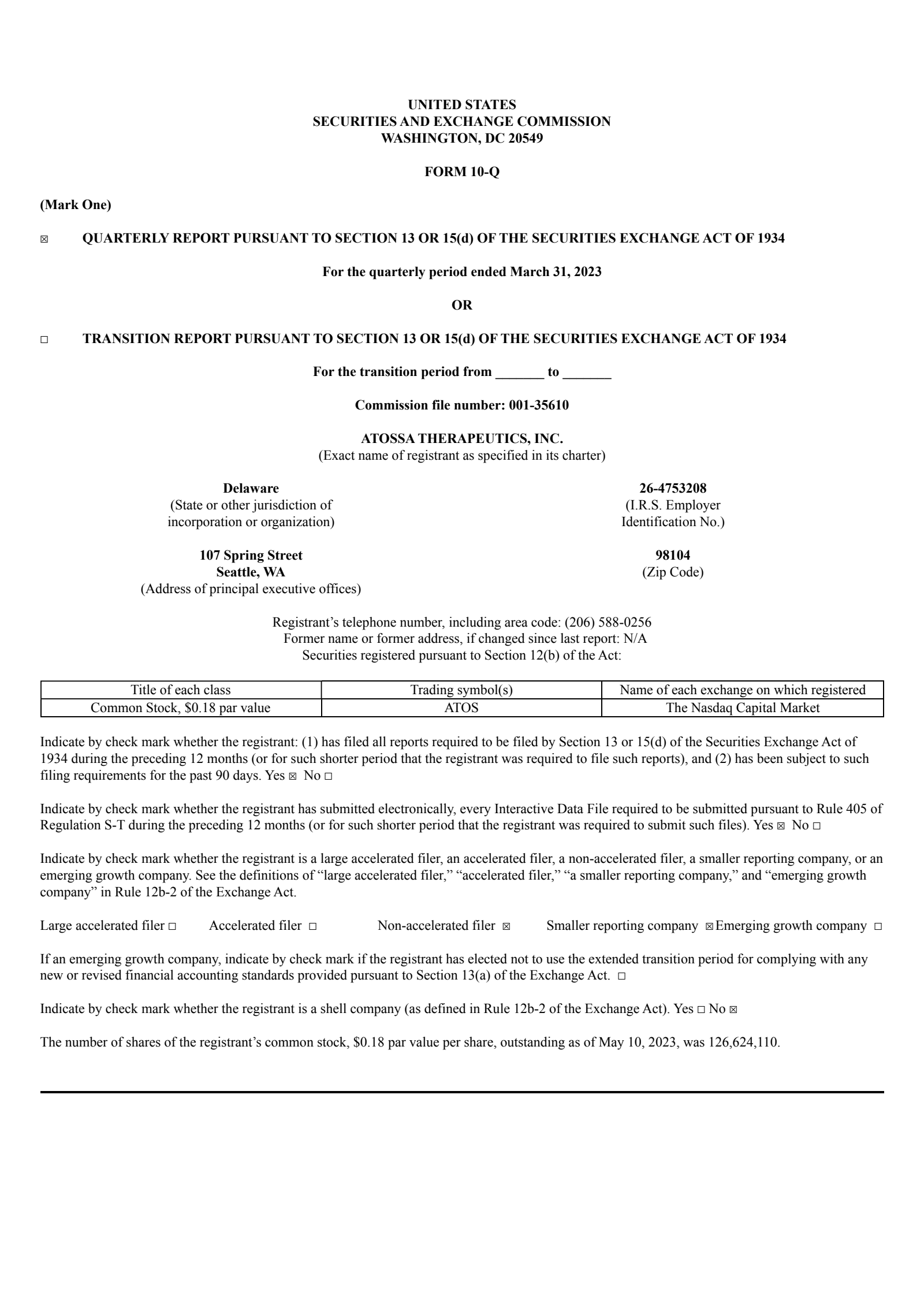 Atossa Therapeutics' Q1 2023 Quarterly report