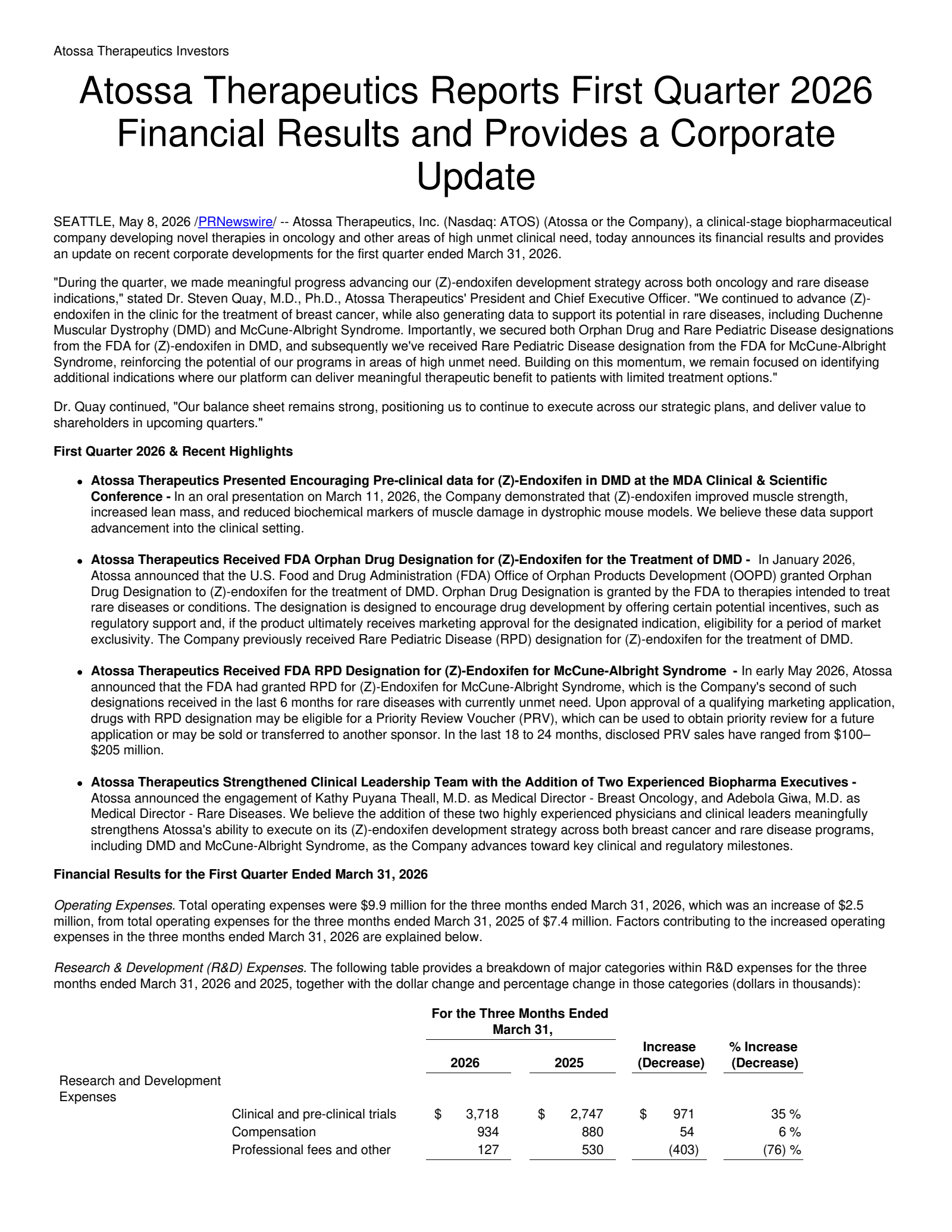 Atossa Genetics' Q1 2026 Press Release