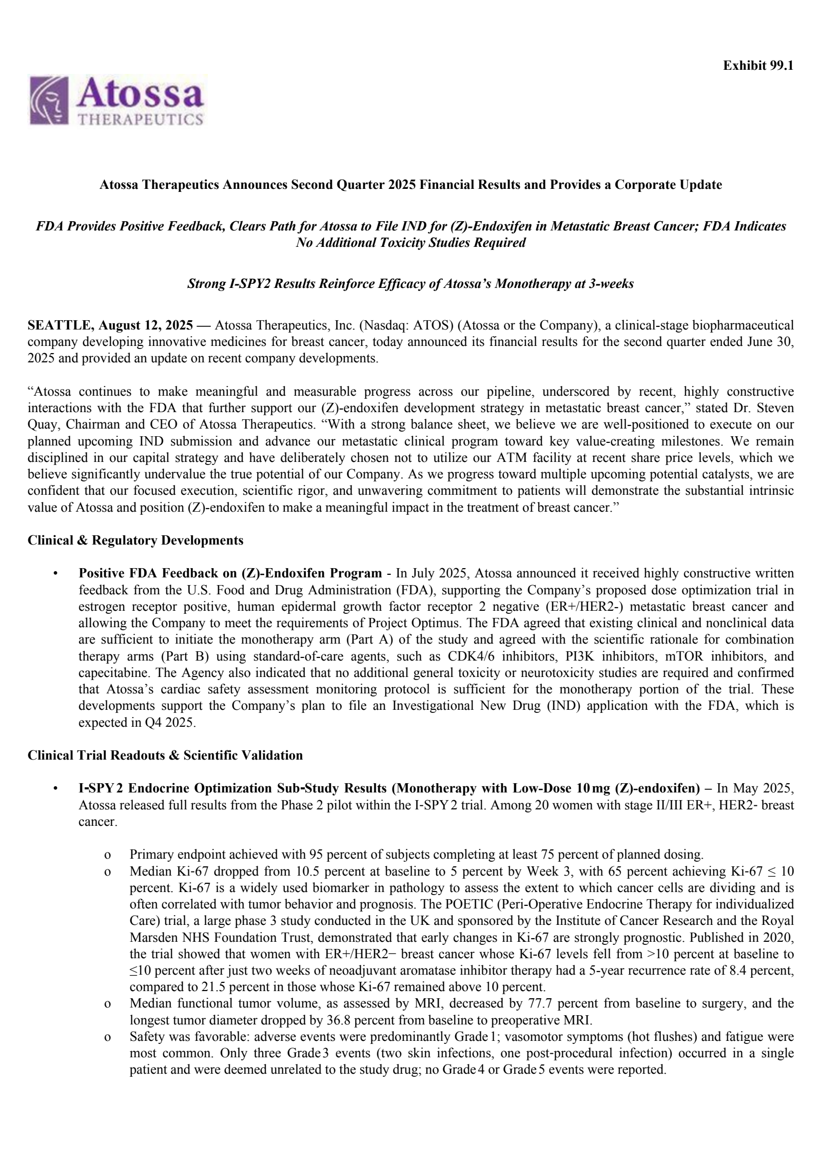 Atossa Genetics' Q2 2025 Press Release