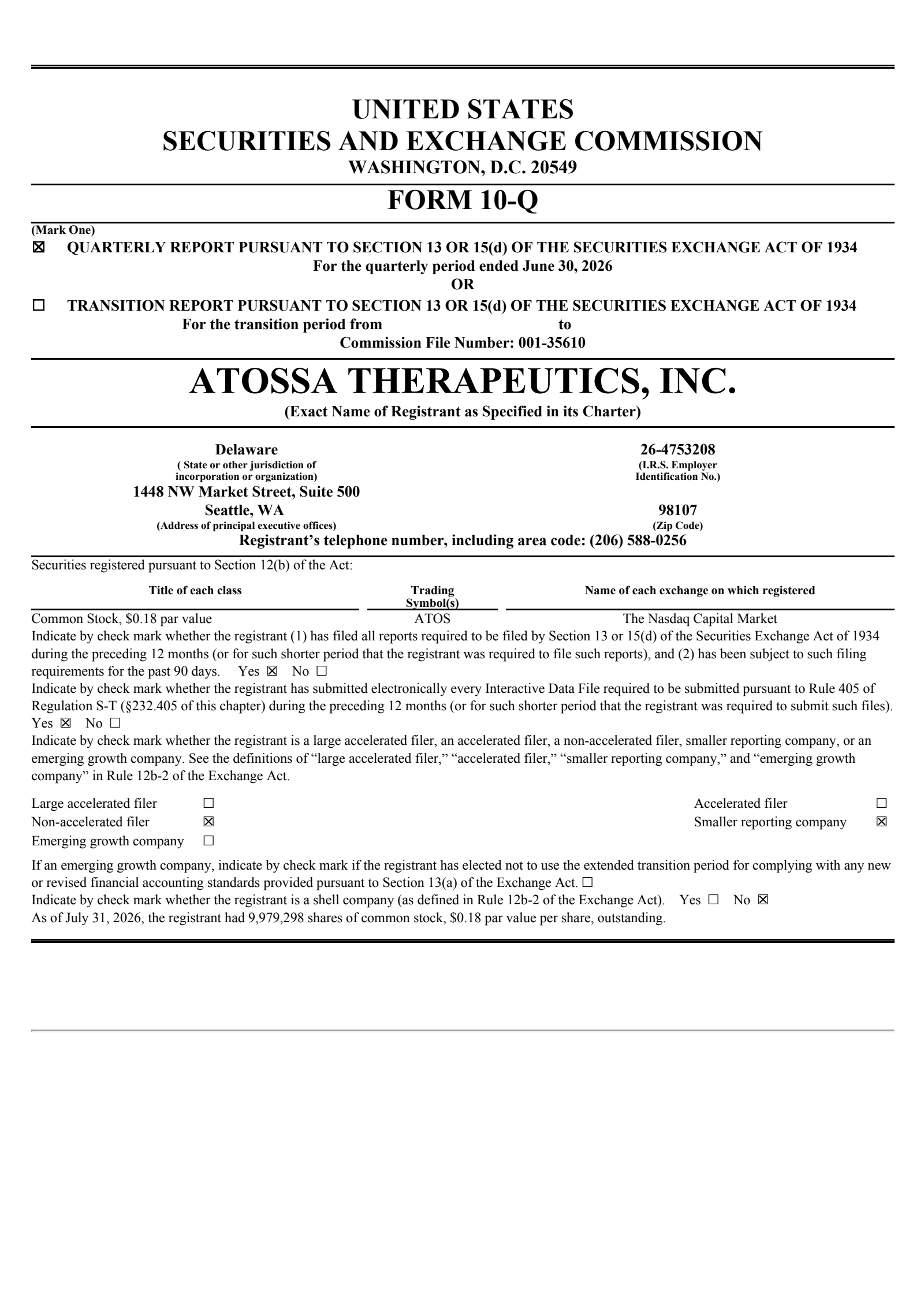 Atossa Genetics' Q2 2026 Quarterly report