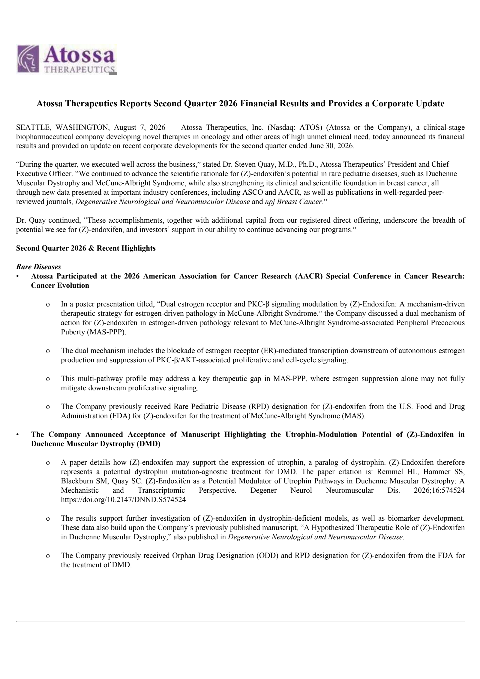 Atossa Genetics' Q2 2026 Press Release