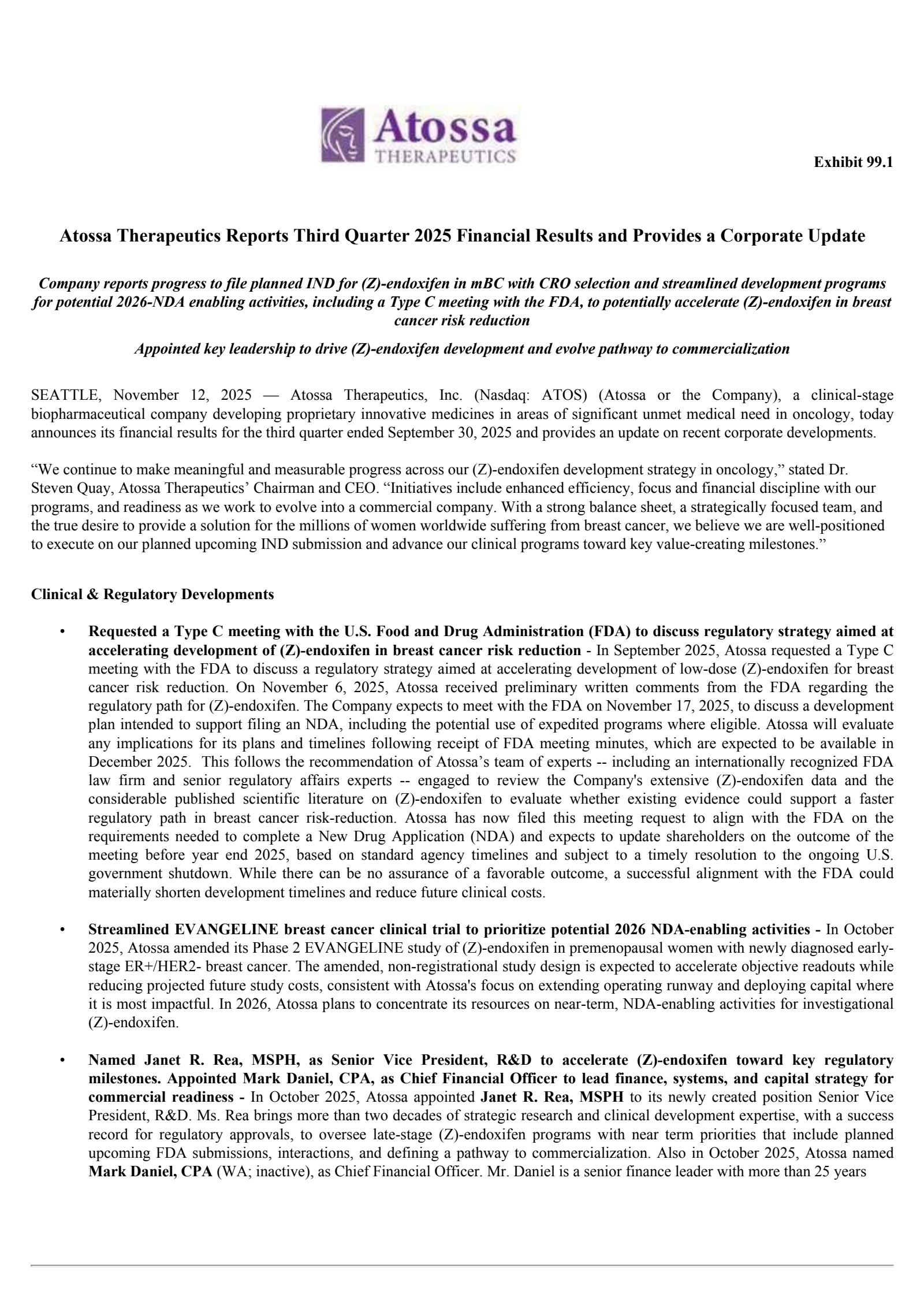 Atossa Genetics' Q3 2025 Earnings Release