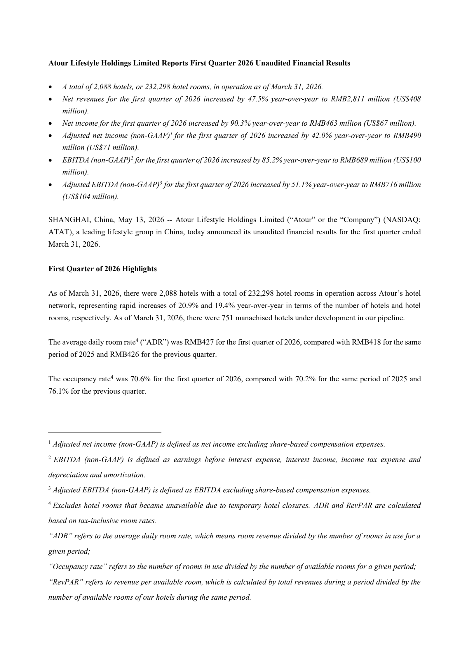 Atour Lifestyle's Q1 2026 Press Release