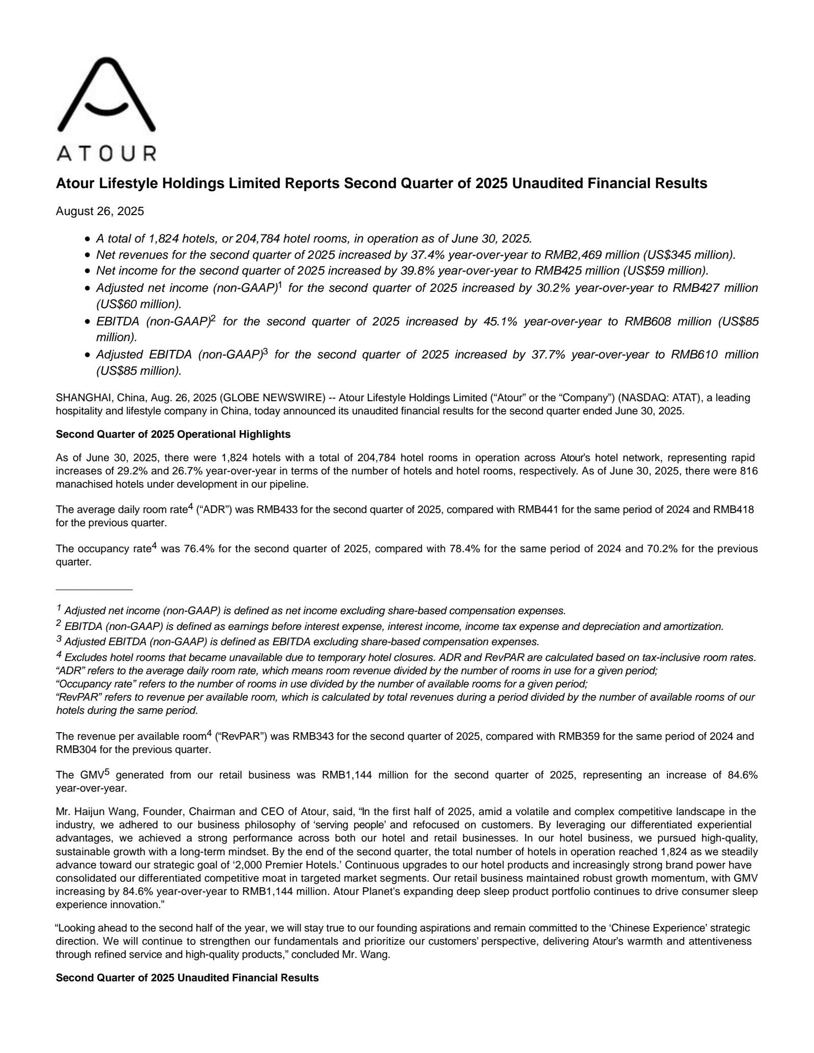 Atour Lifestyle's Q2 2025 Press Release