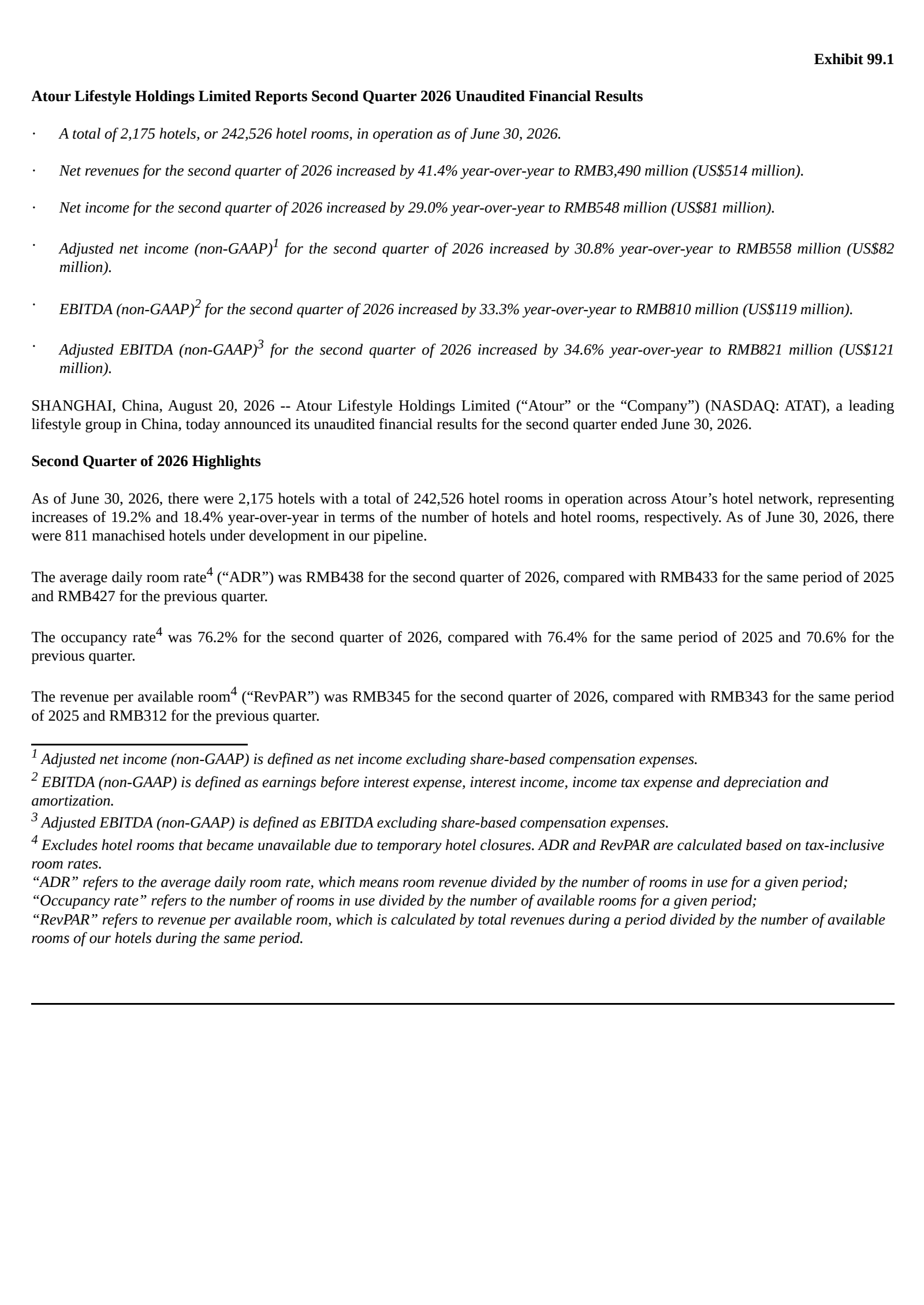 Atour Lifestyle's Q2 2026 Press Release