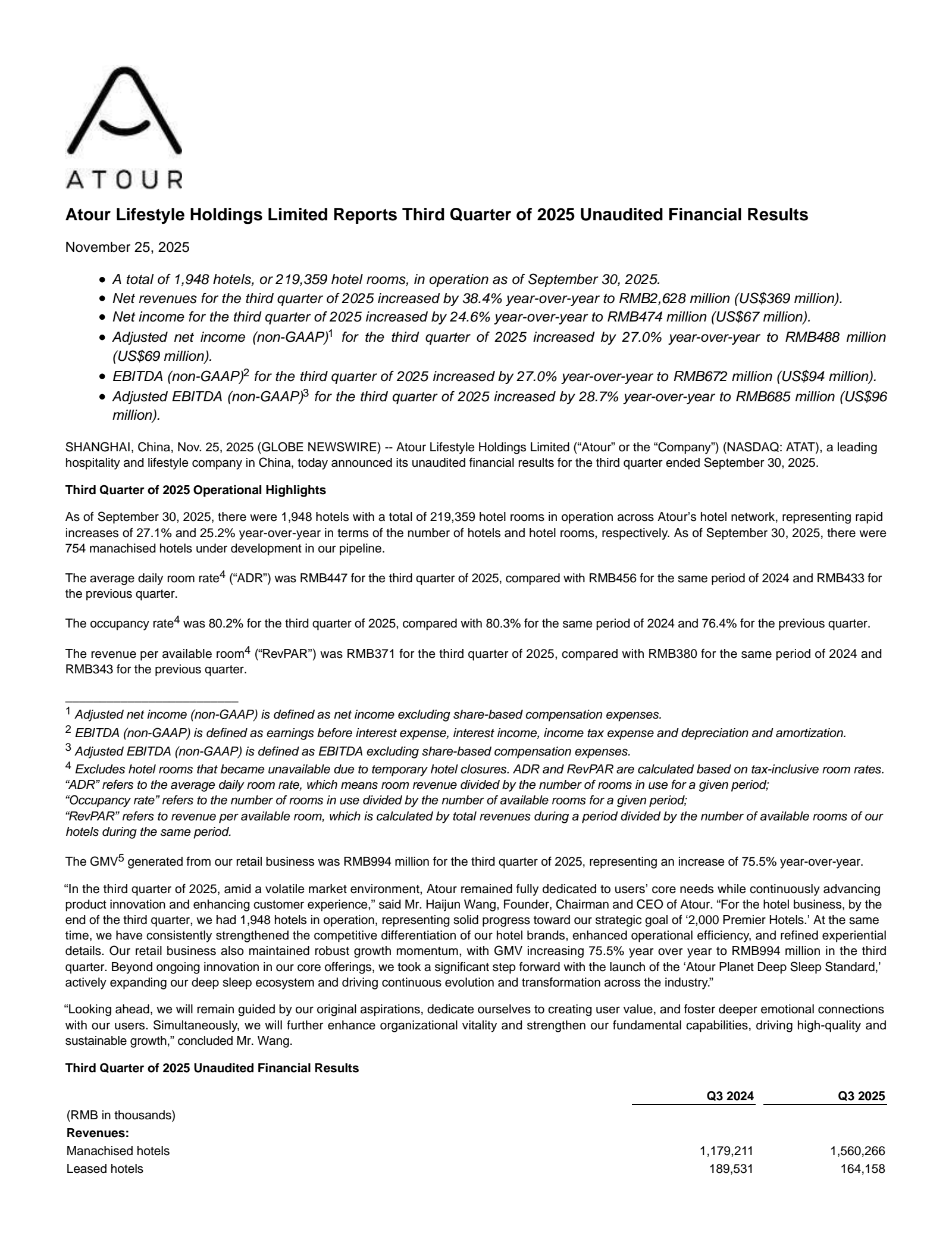 Atour Lifestyle's Q3 2025 Earnings Release