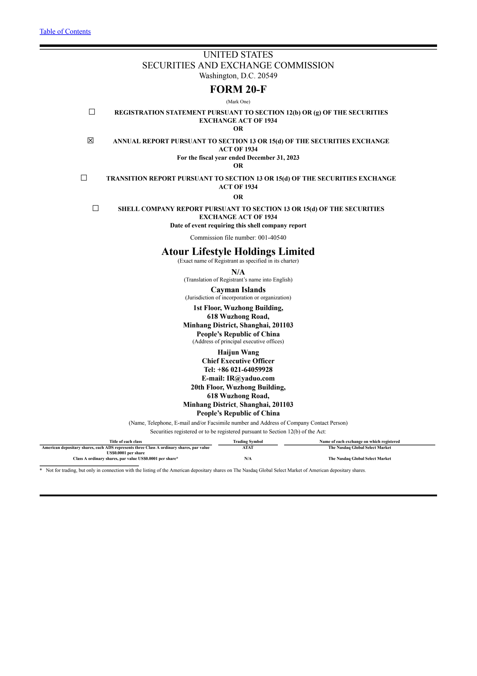 Atour Lifestyle's Q4 2023 Annual Report