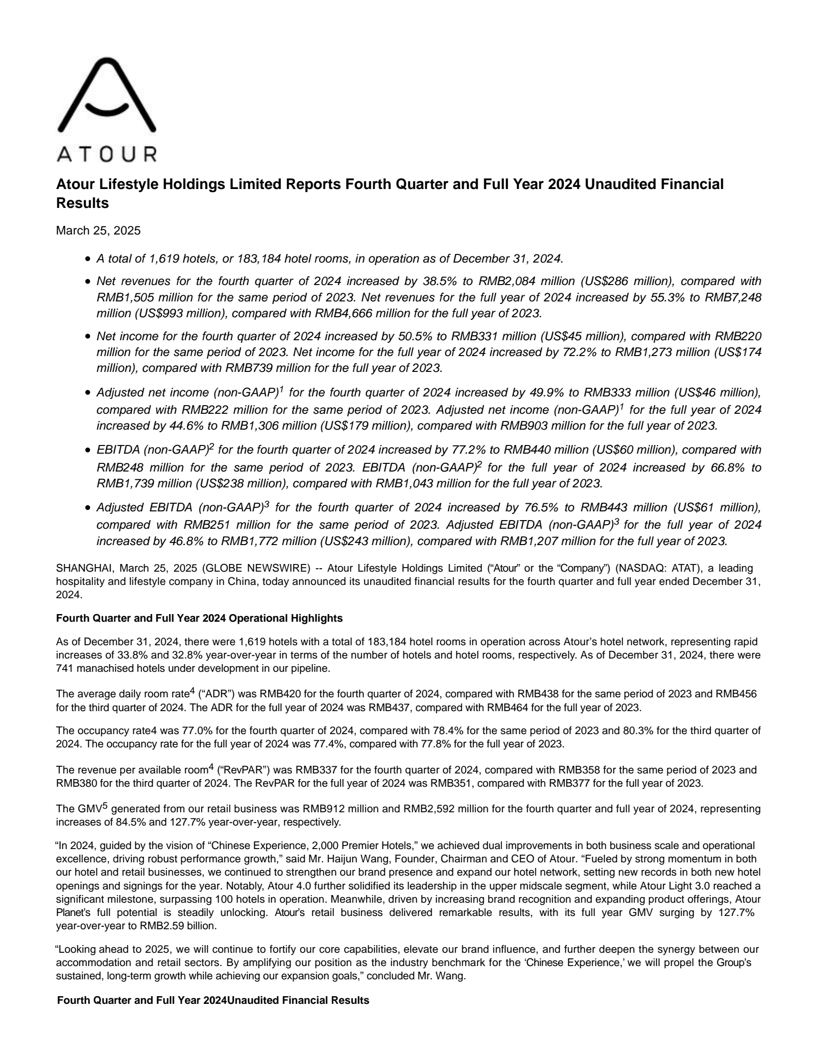 Atour Lifestyle's Q4 2024 Press Release