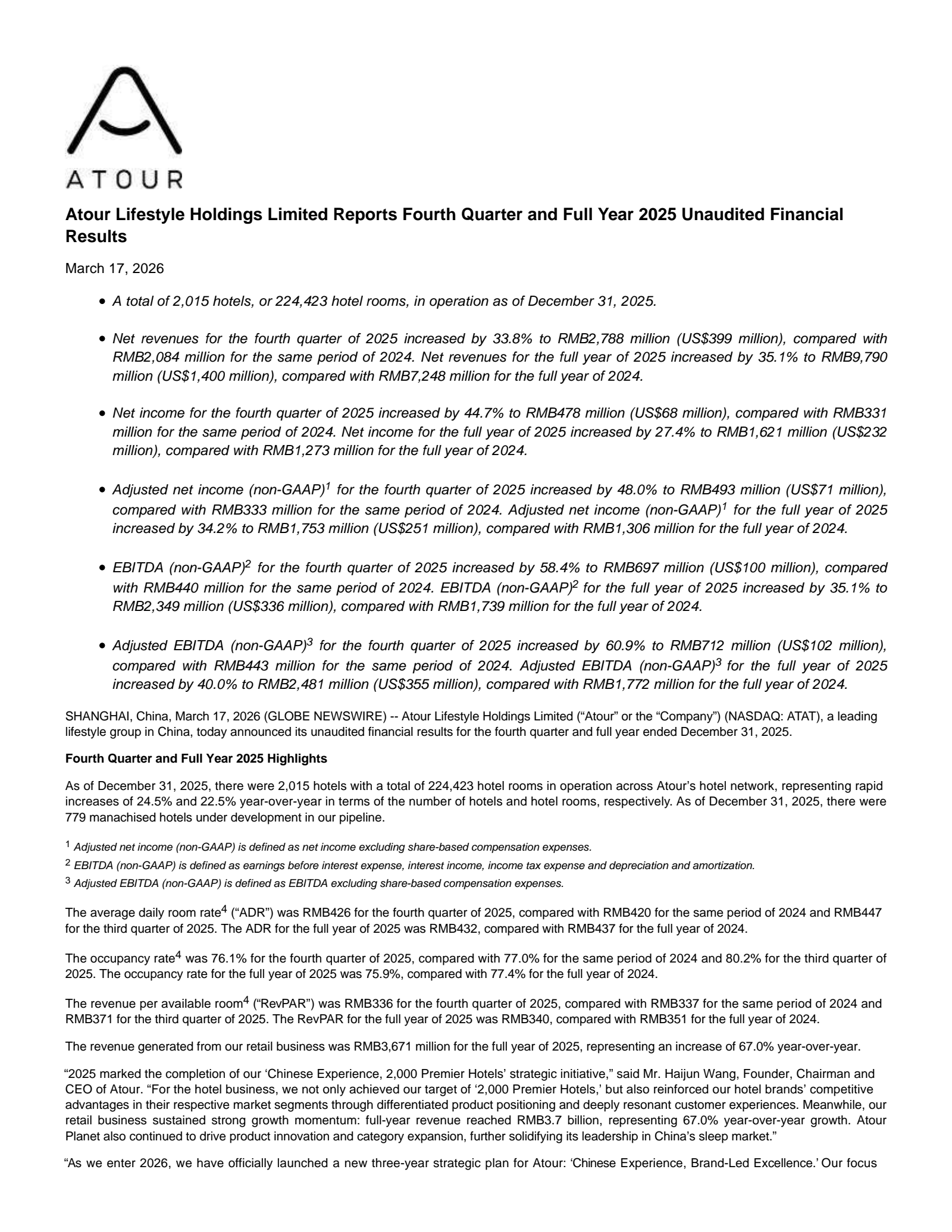 Atour Lifestyle's Q4 2025 Press Release