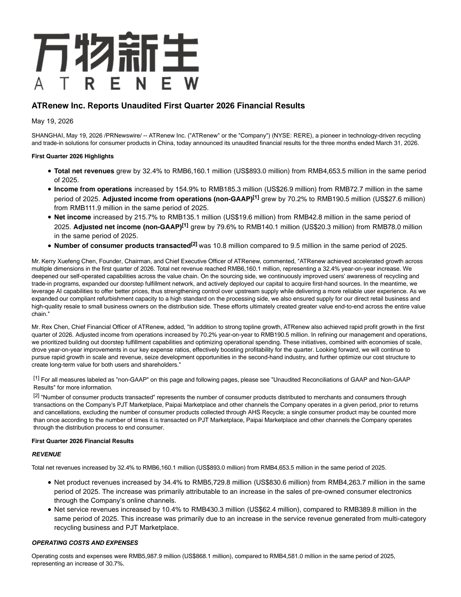 ATRenew's Q1 2026 Press Release