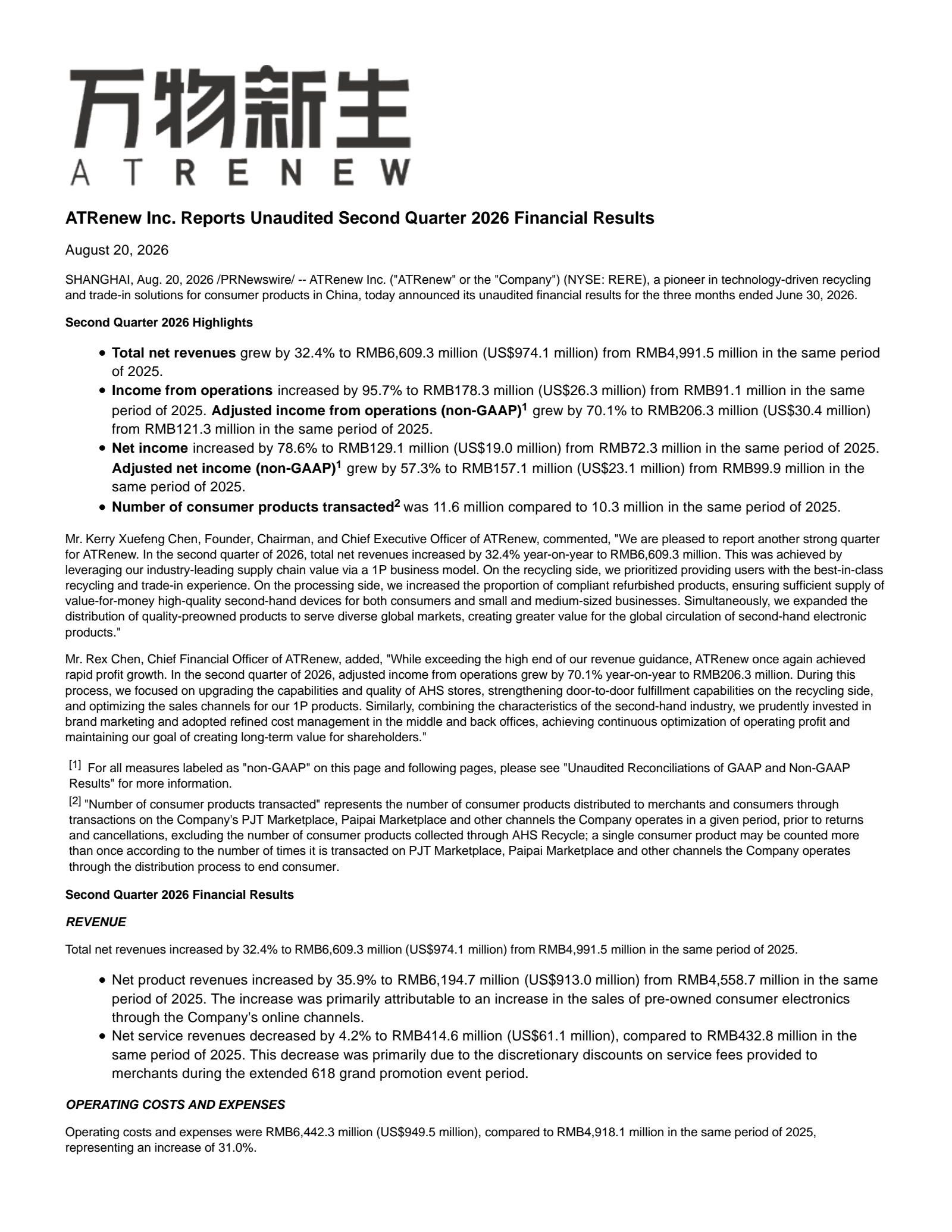 ATRenew's Q2 2026 Press Release