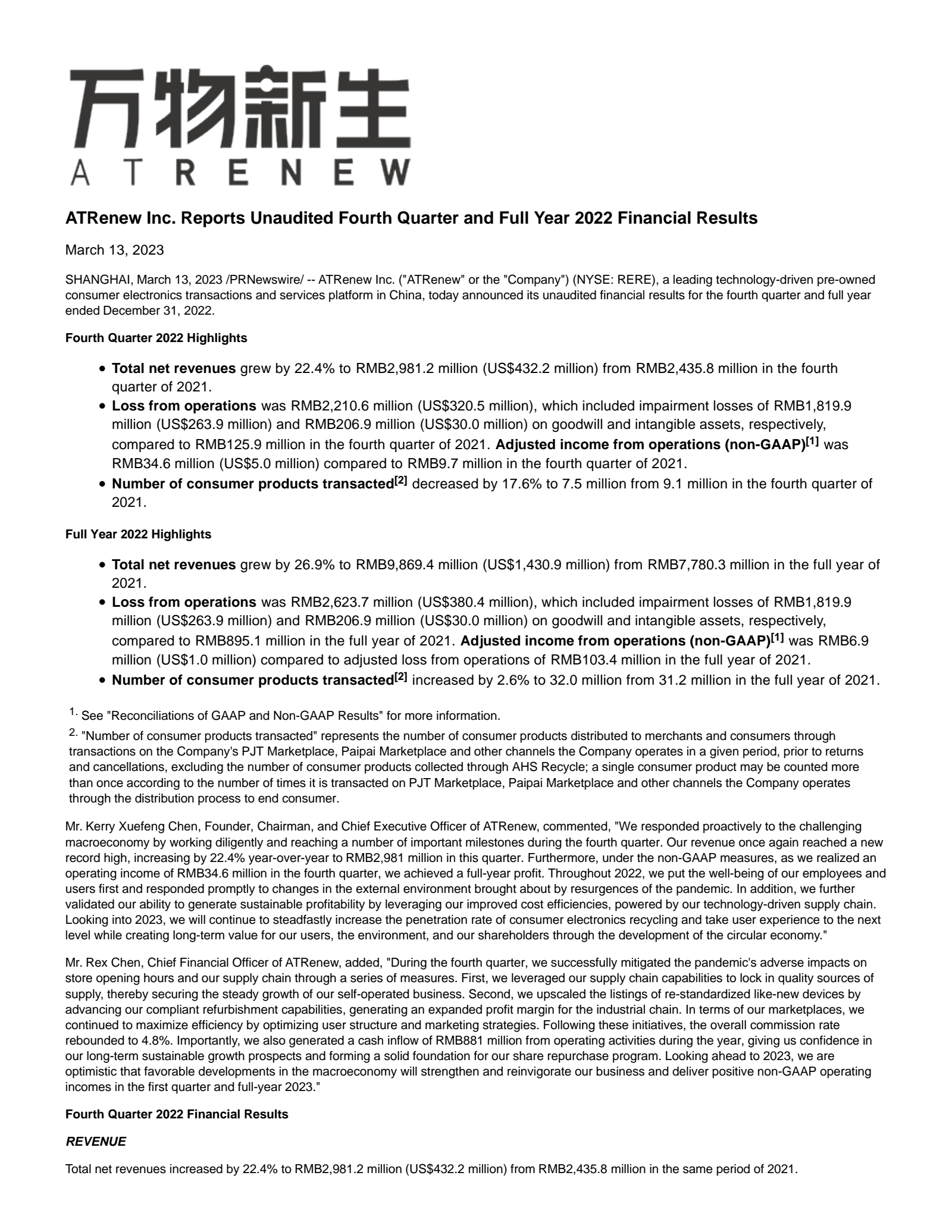 ATRenew's Q4 2022 Press Release