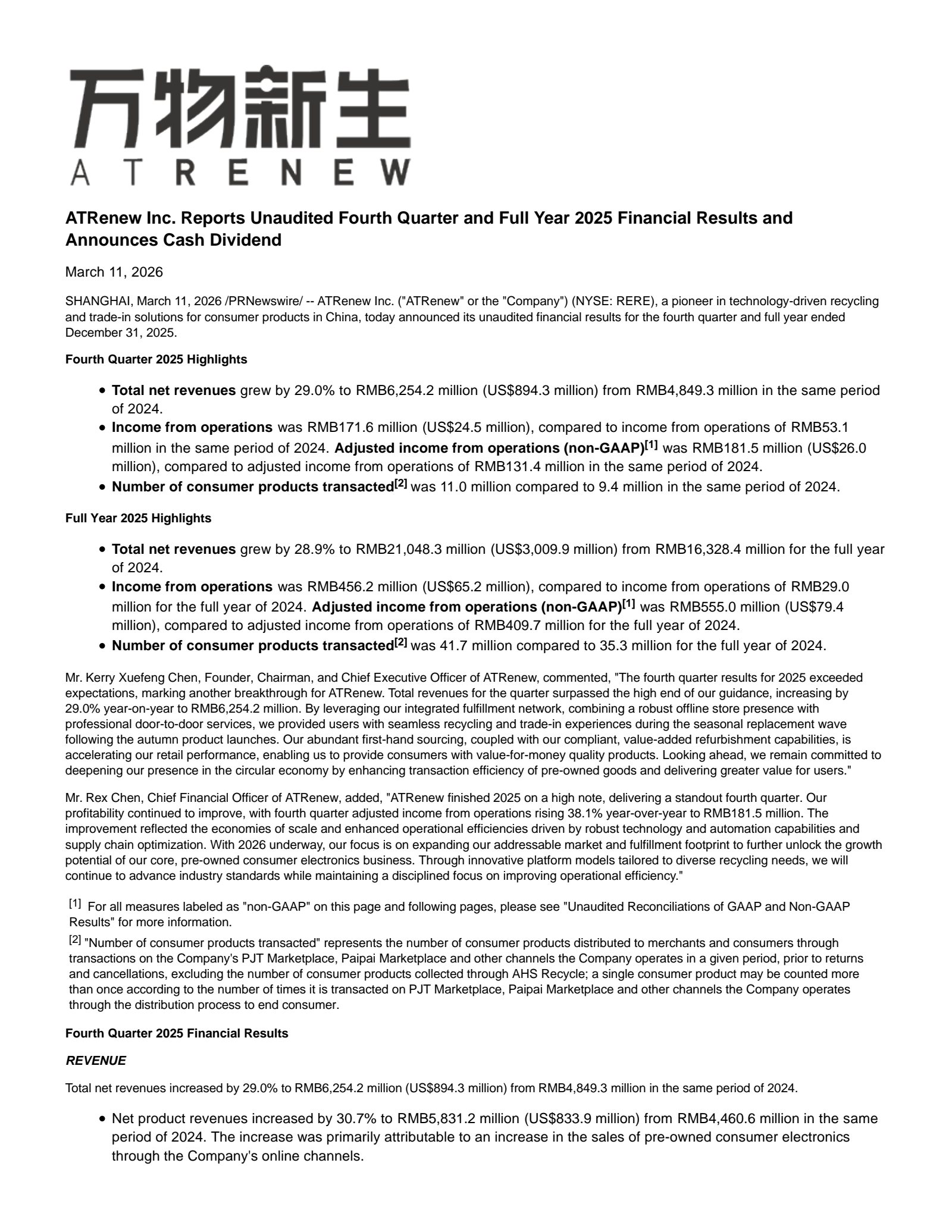 ATRenew's Q4 2025 Press Release