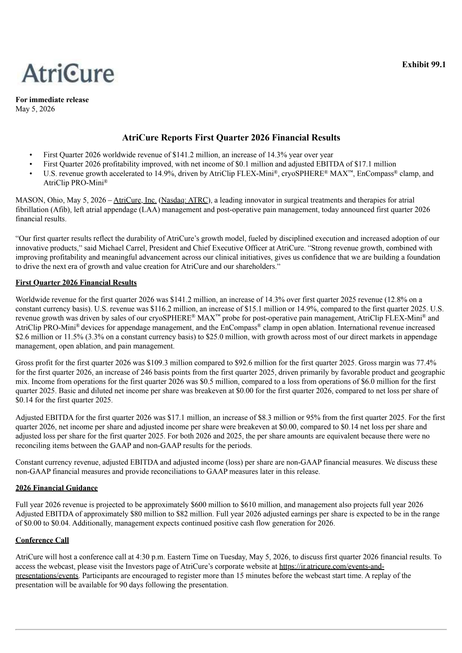 AtriCure's Q1 2026 Press Release