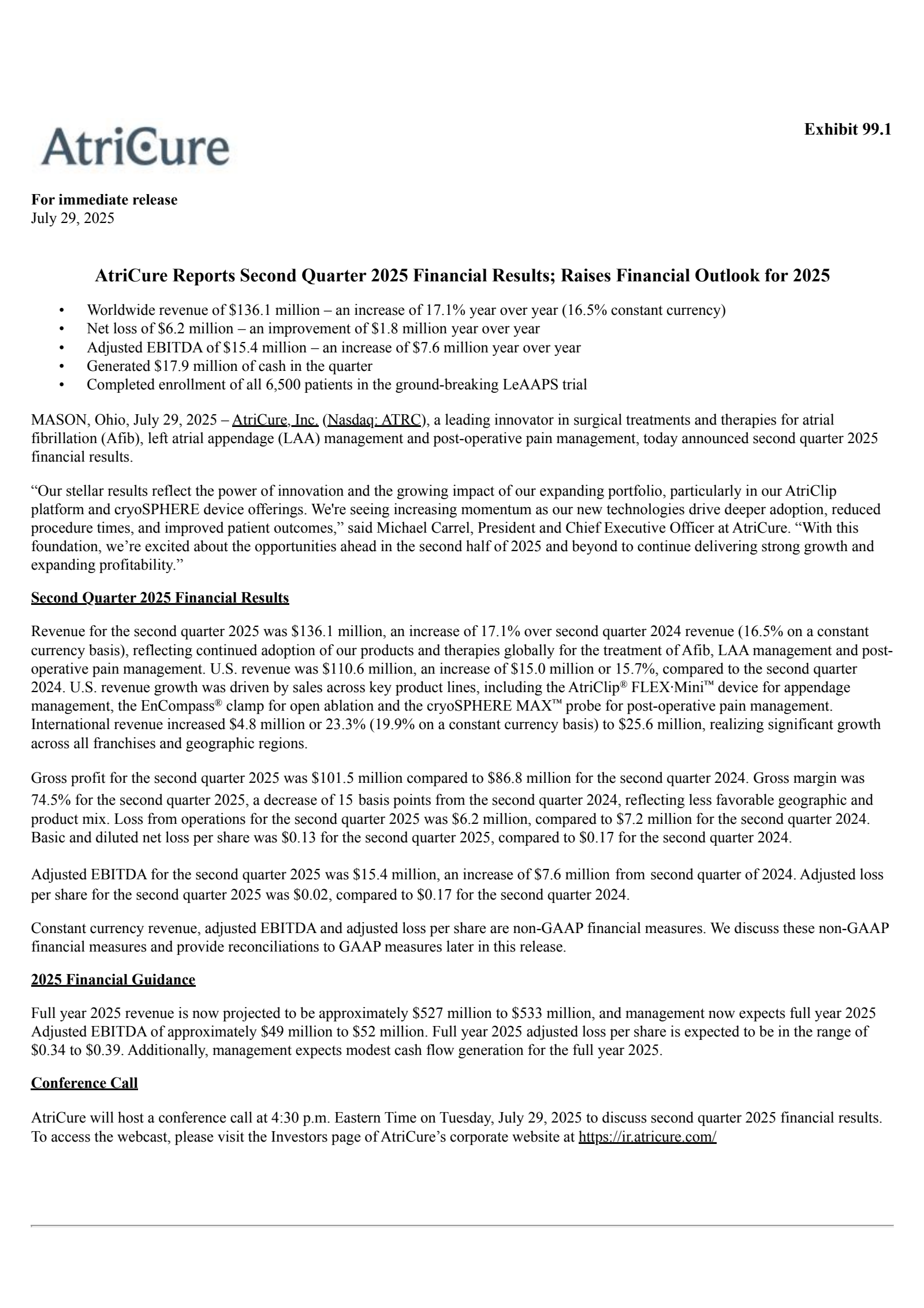 AtriCure's Q2 2025 Press Release