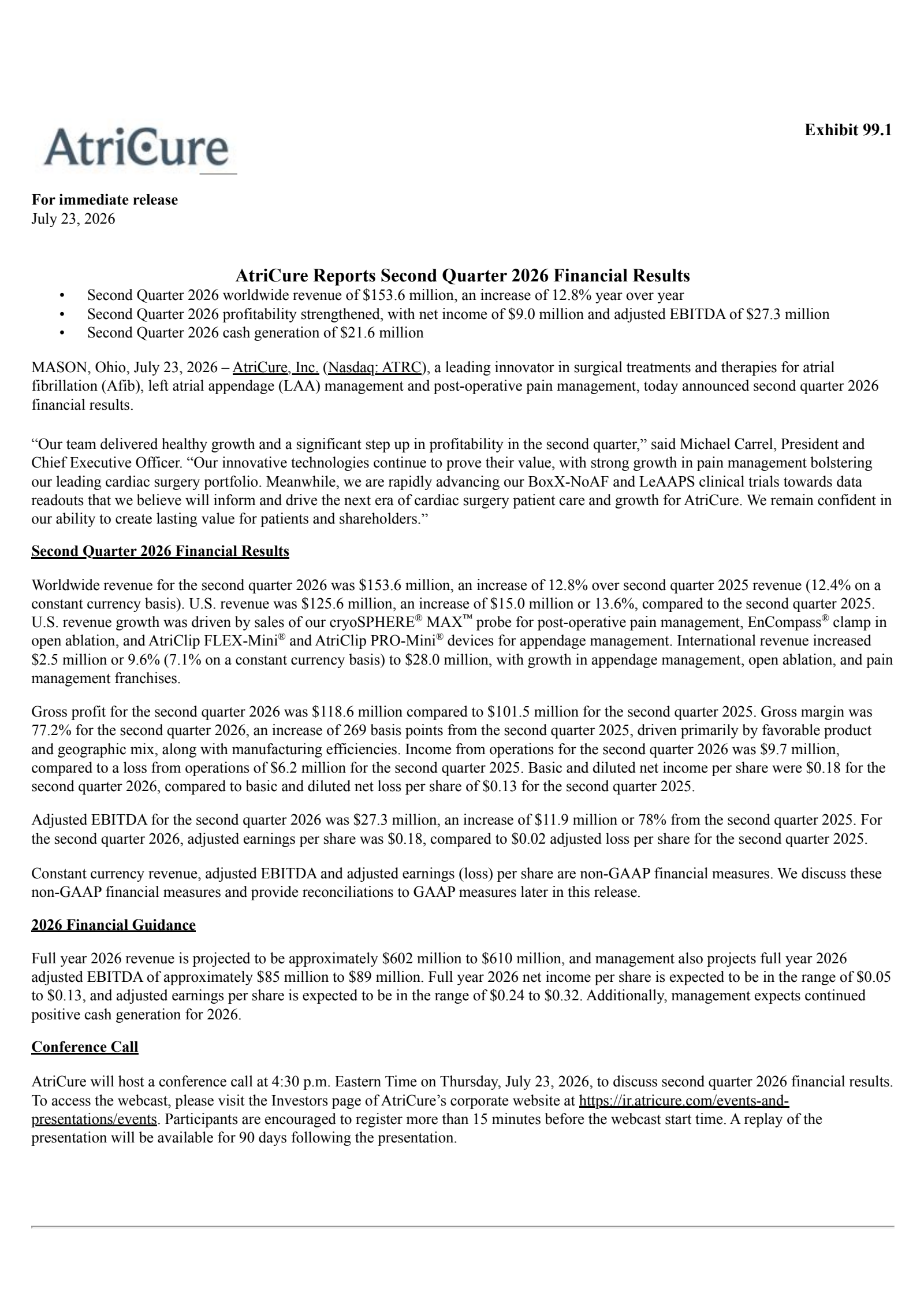 AtriCure's Q2 2026 Press Release