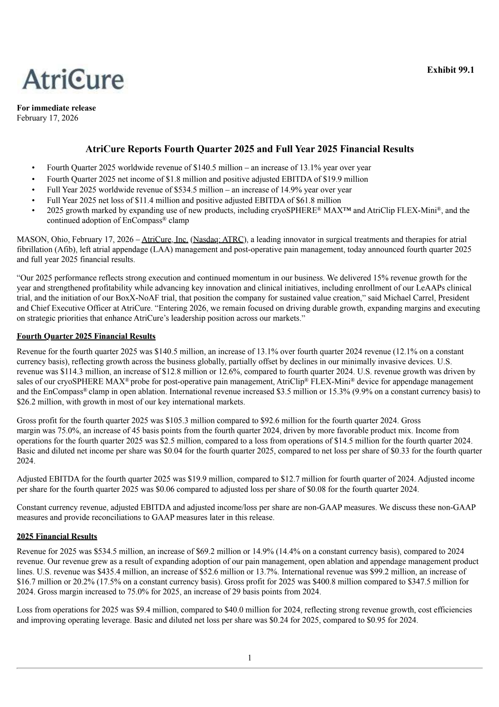 AtriCure's Q4 2025 Press Release