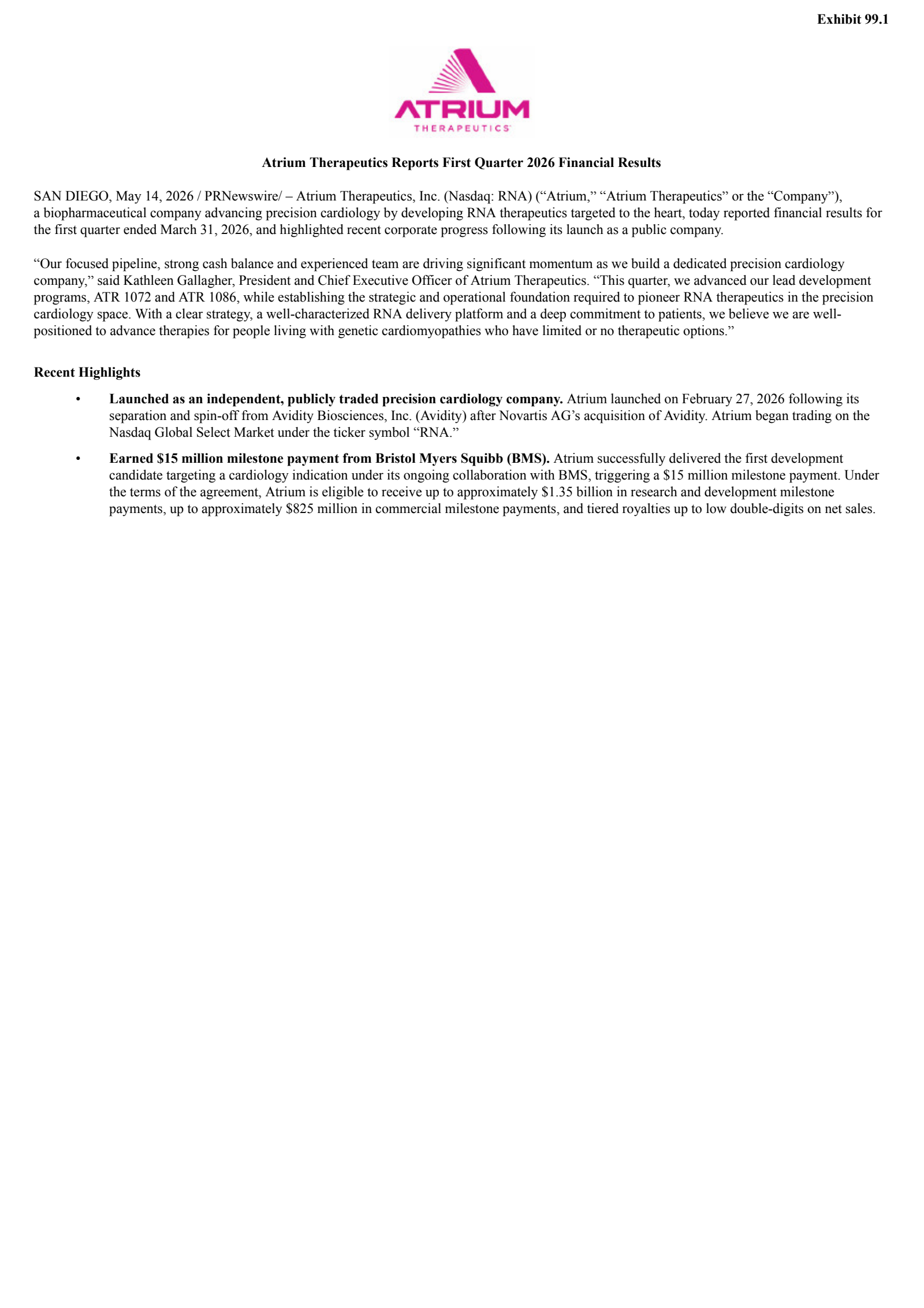 Avidity Biosciences' Q1 2026 Press Release
