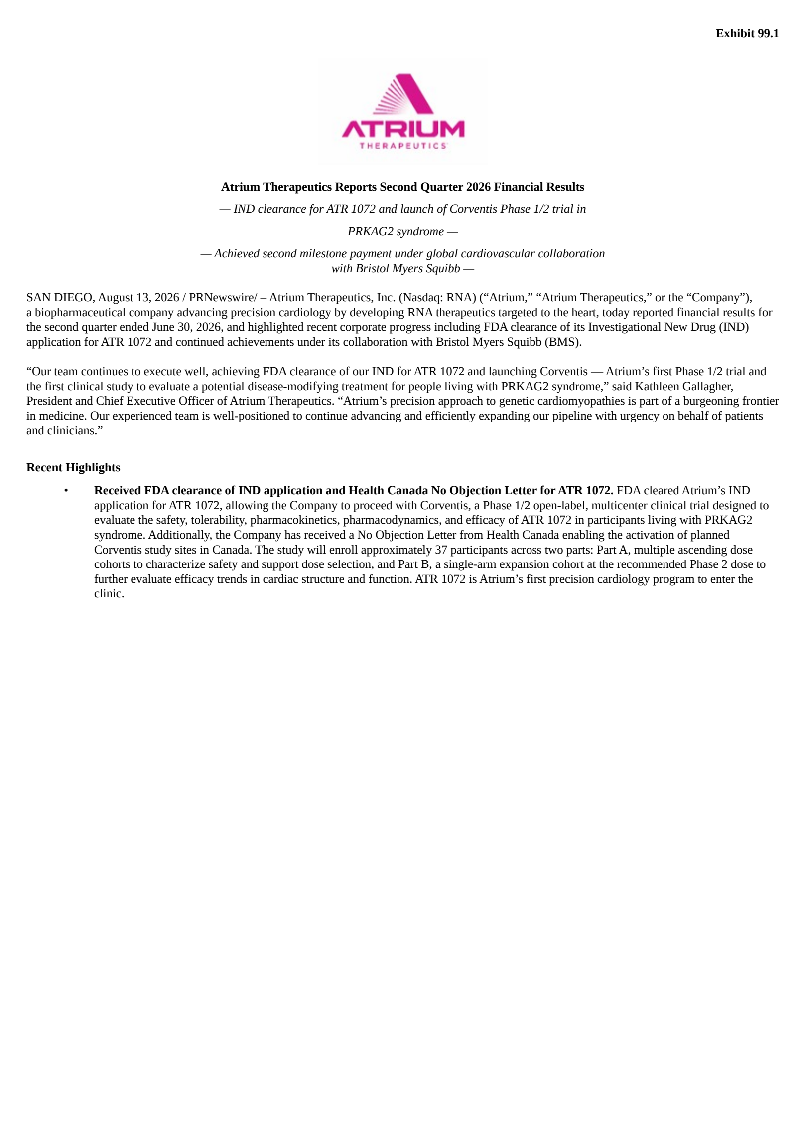 Avidity Biosciences' Q2 2026 Press Release
