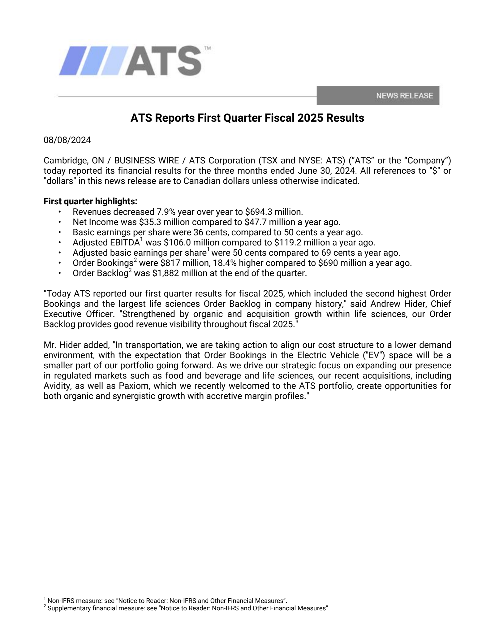 ATS's Q1 2025 Interim report