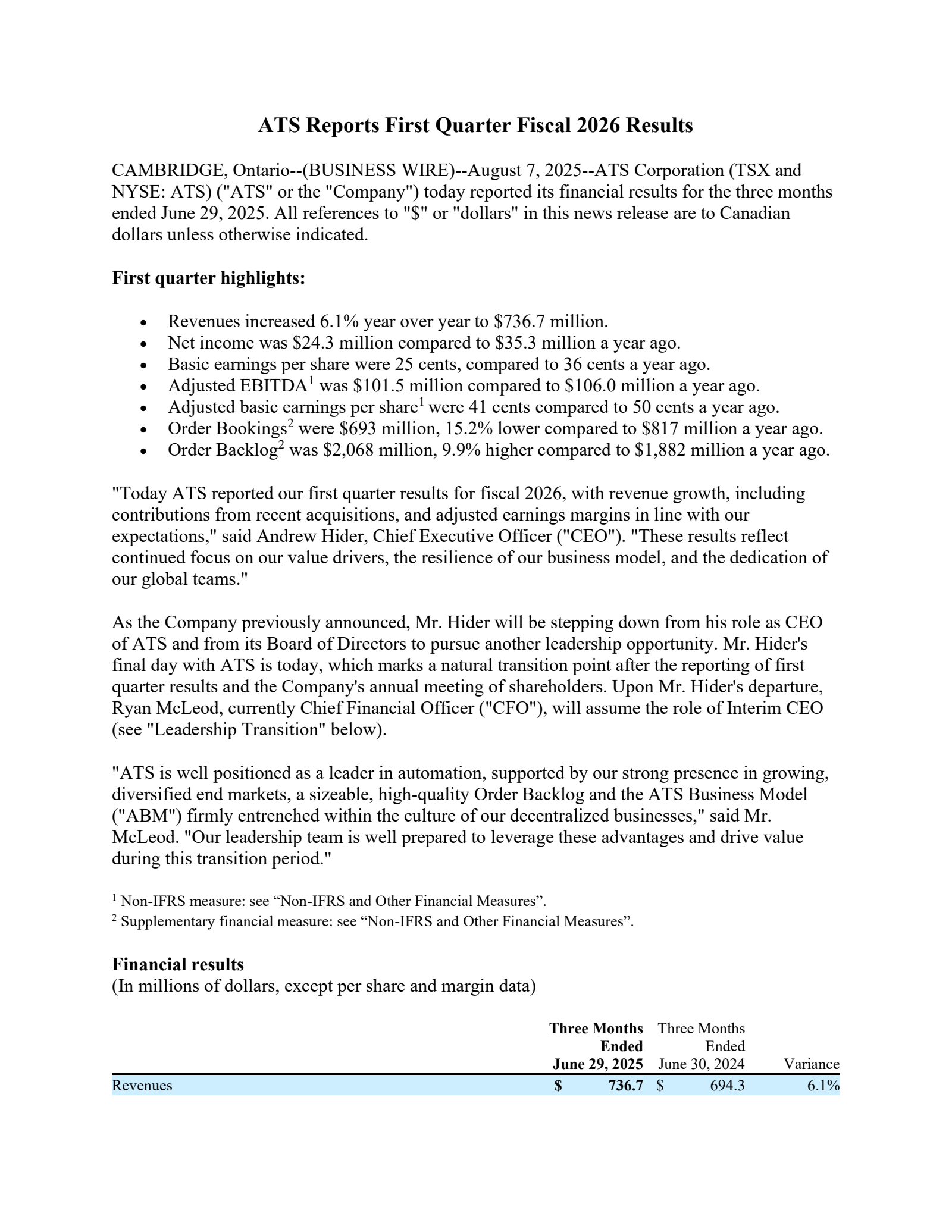 ATS's Q1 2026 Press Release