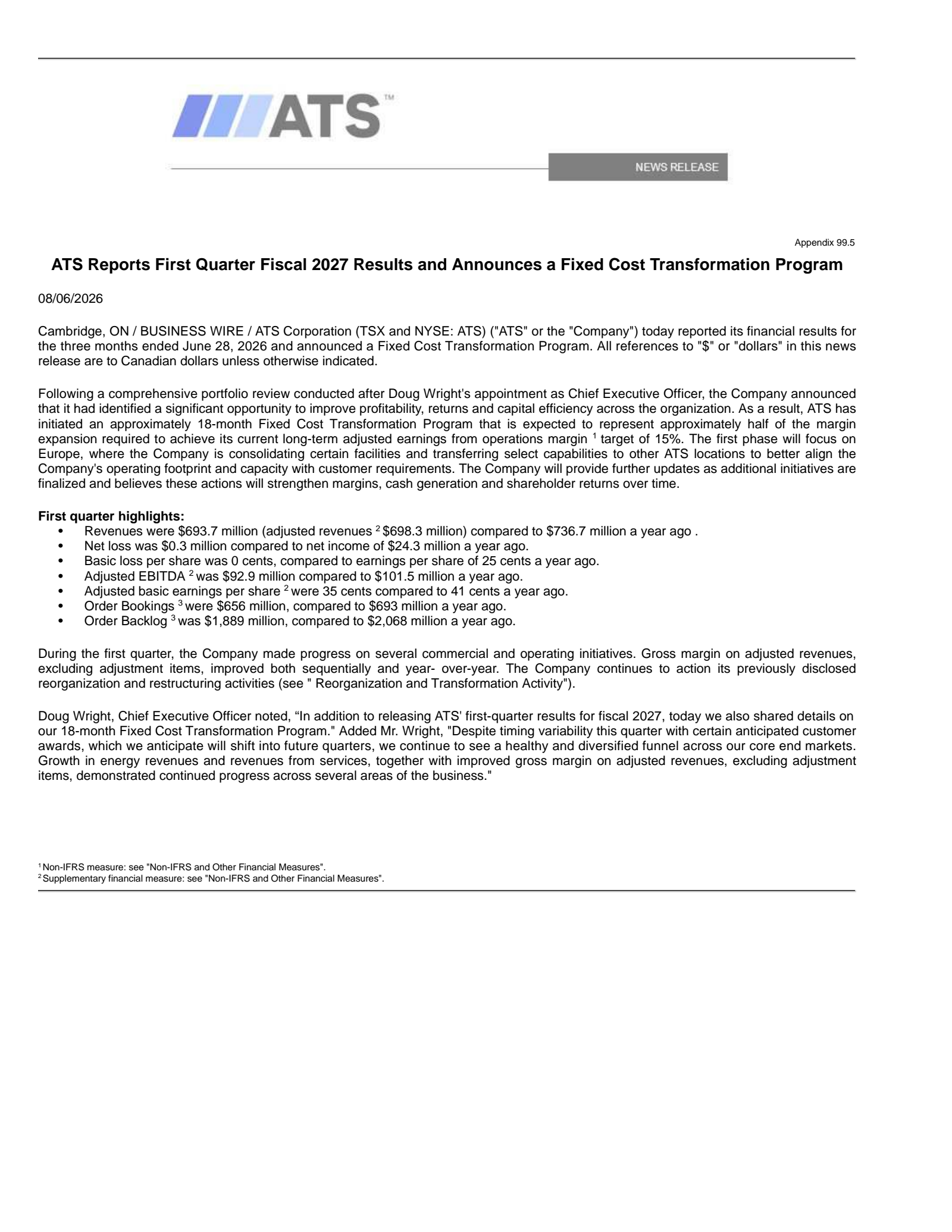 ATS's Q1 2027 Press Release