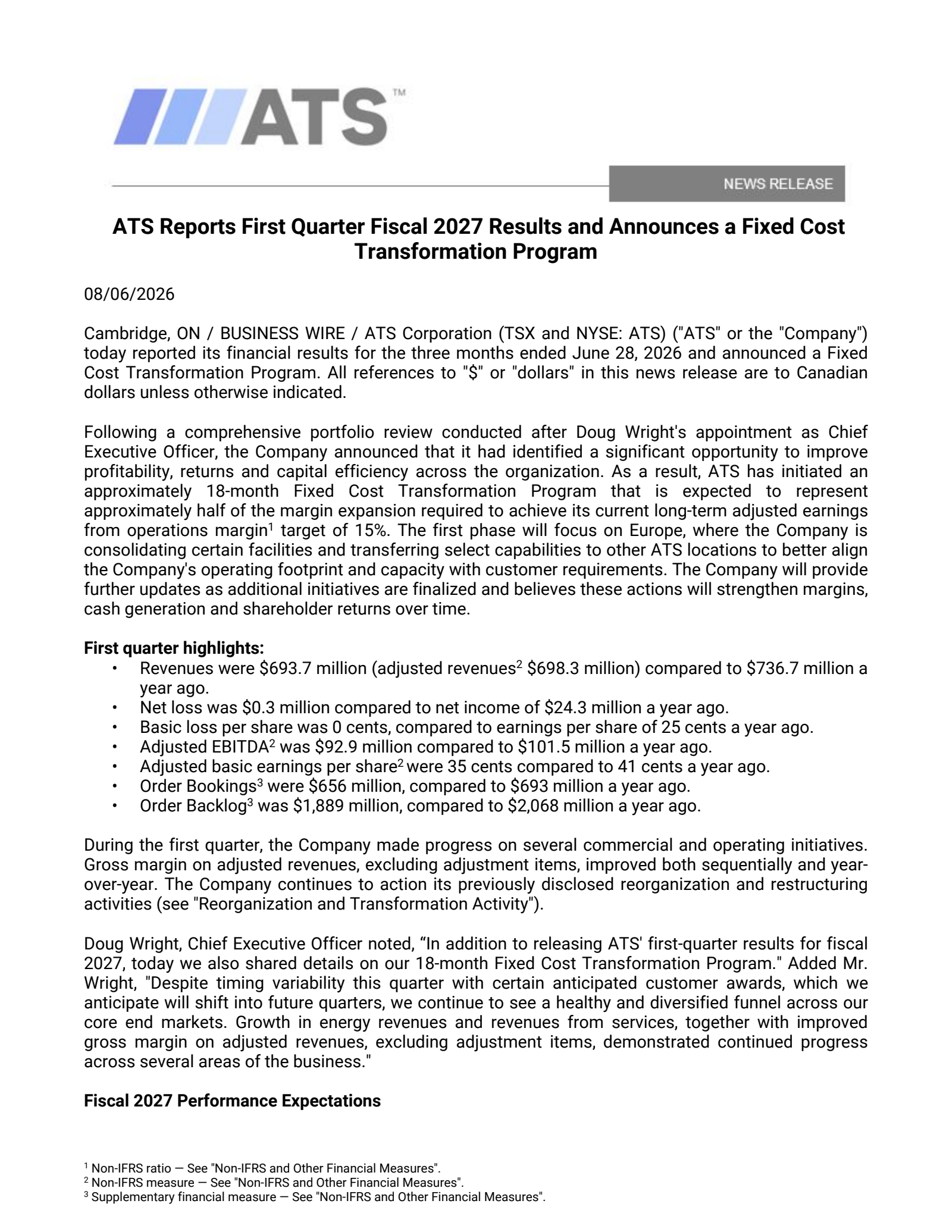 ATS's Q1 2027 Press Release