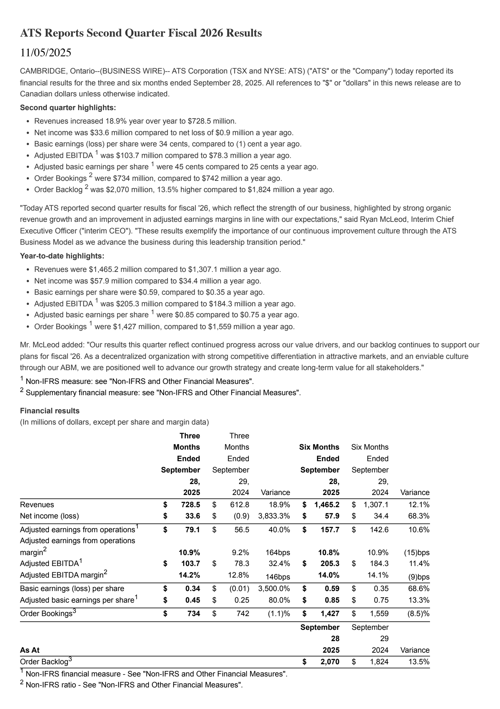 ATS's Q2 2026 Earnings Release