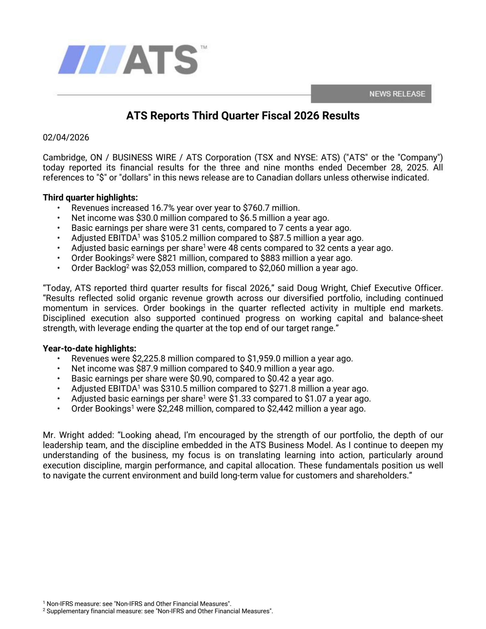 ATS's Q3 2026 Press Release