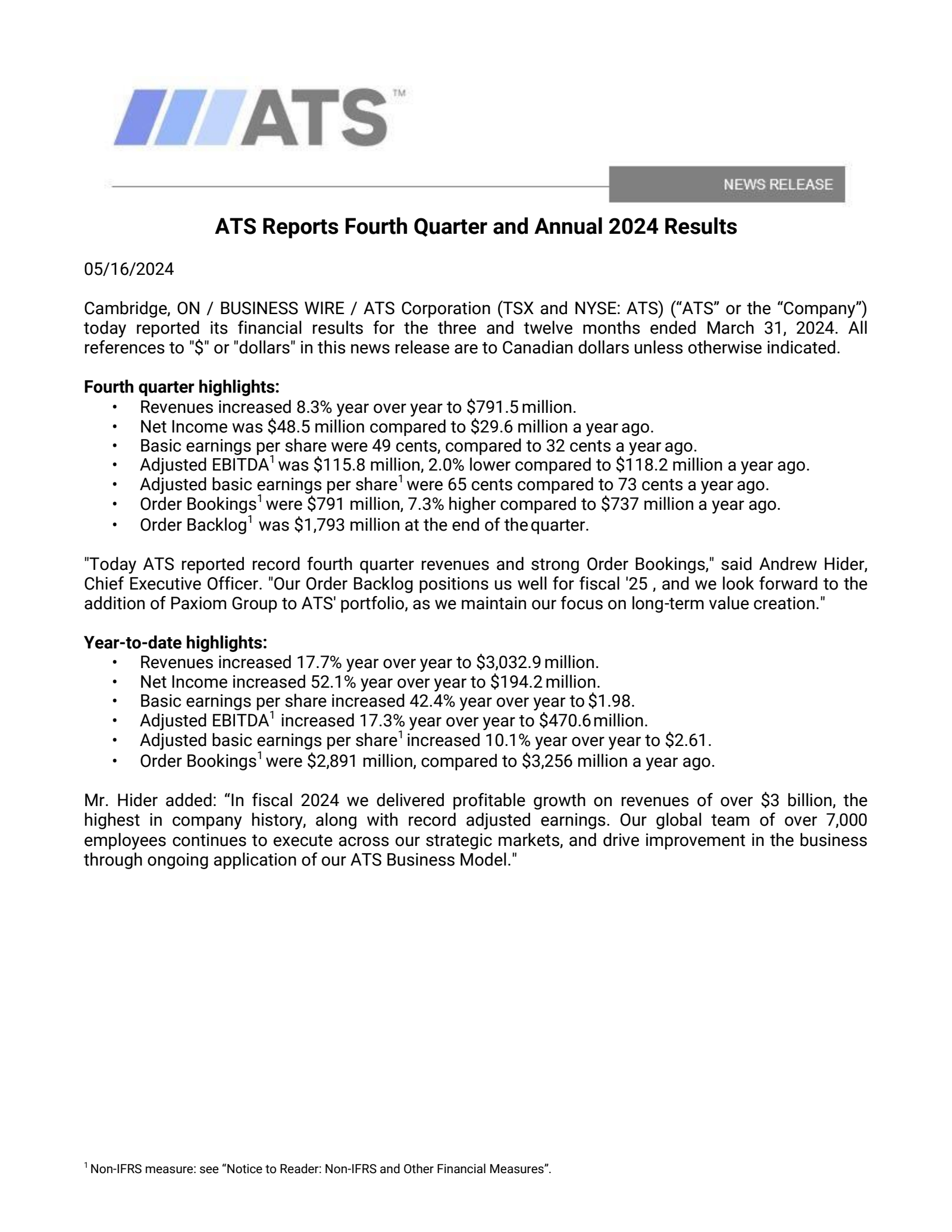 ATS's Q4 2024 Press Release