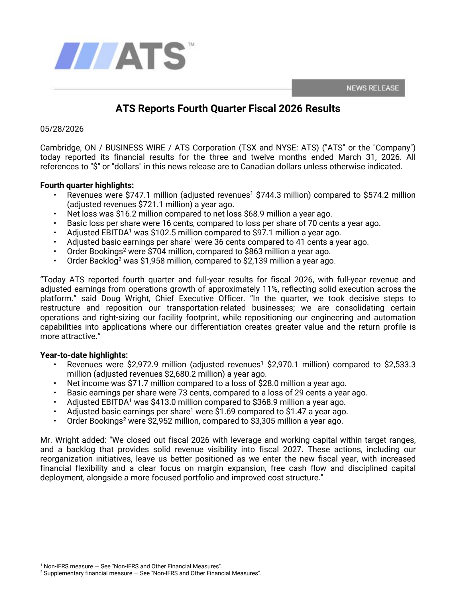 ATS's Q4 2026 Press Release