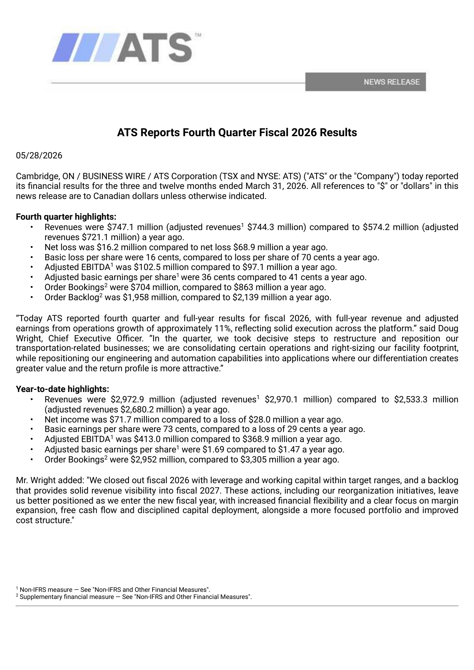 ATS's Q4 2026 Press Release