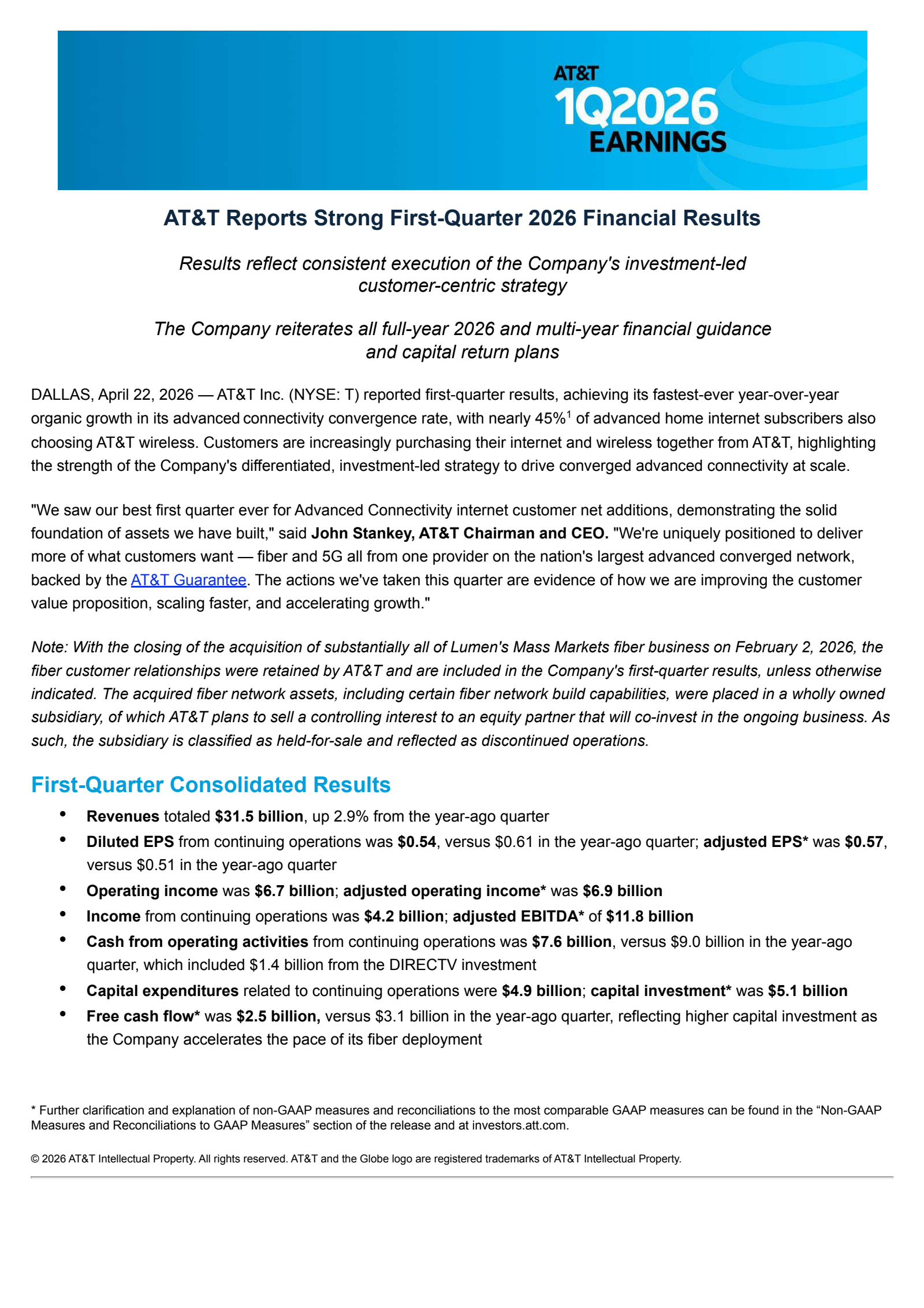 AT&T's Q1 2026 Press Release
