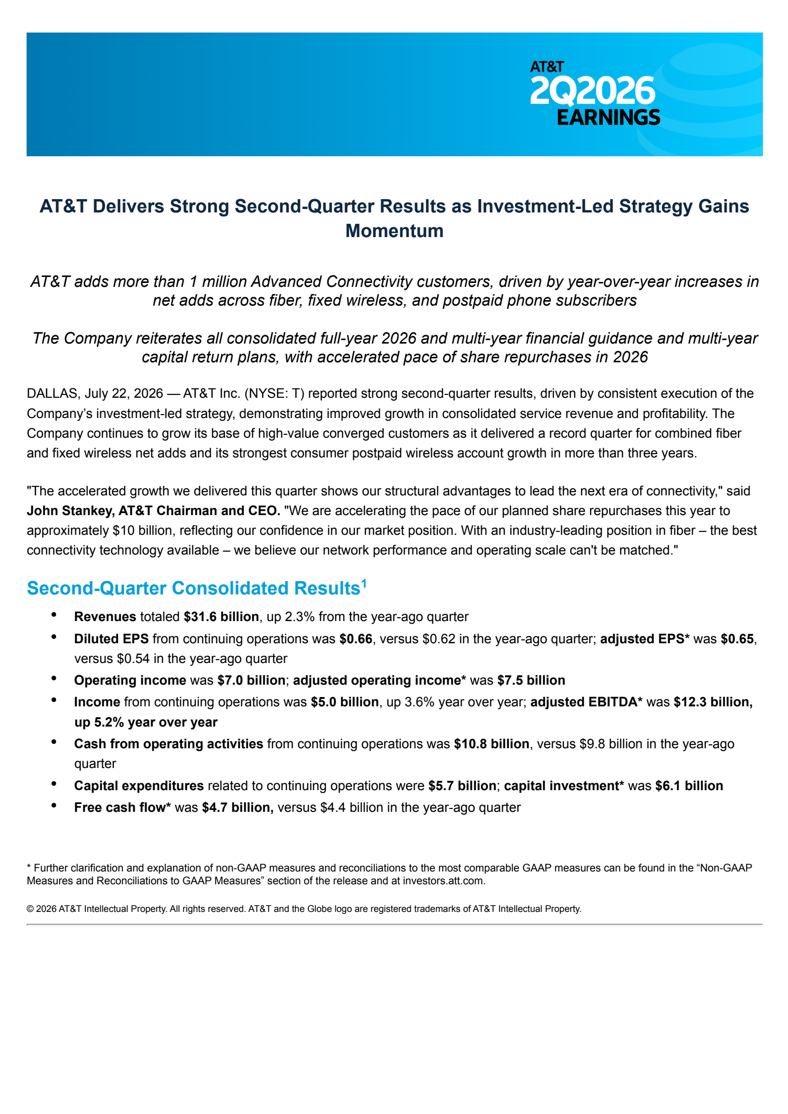 AT&T's Q2 2026 Press Release