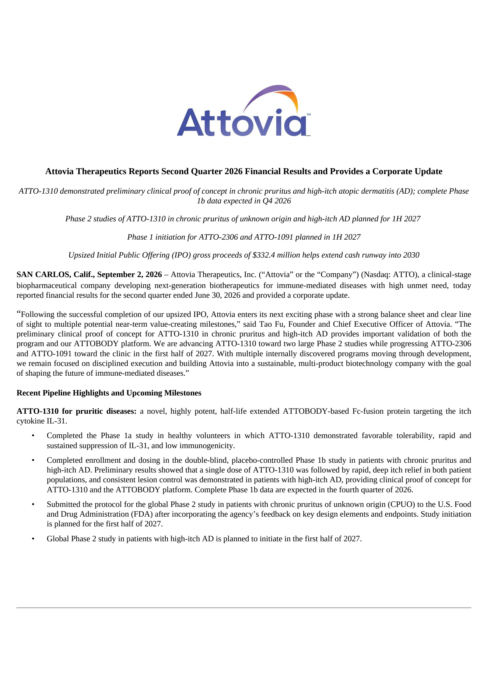 Attovia Therapeutics' Q2 2026 Press Release