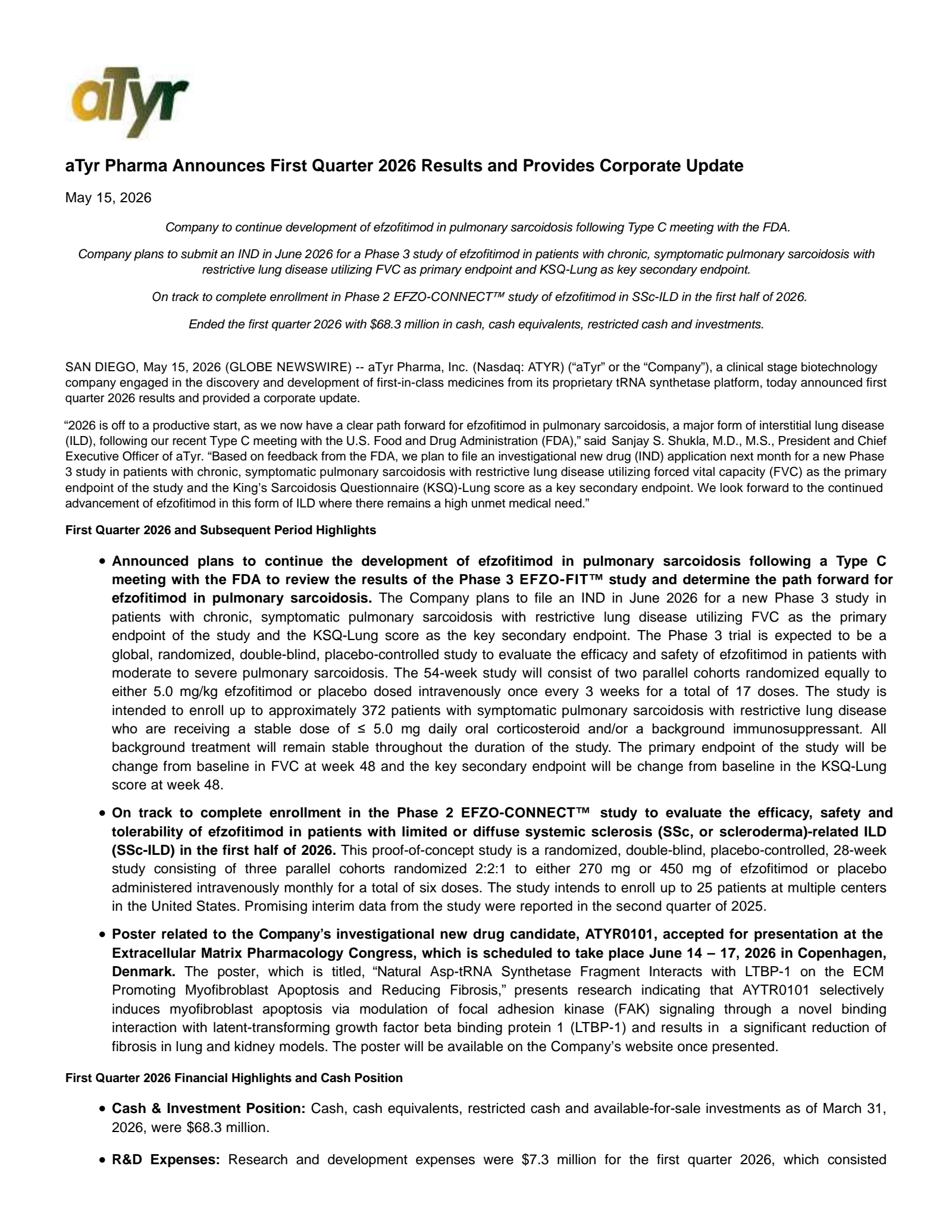 aTyr Pharma's Q1 2026 Press Release