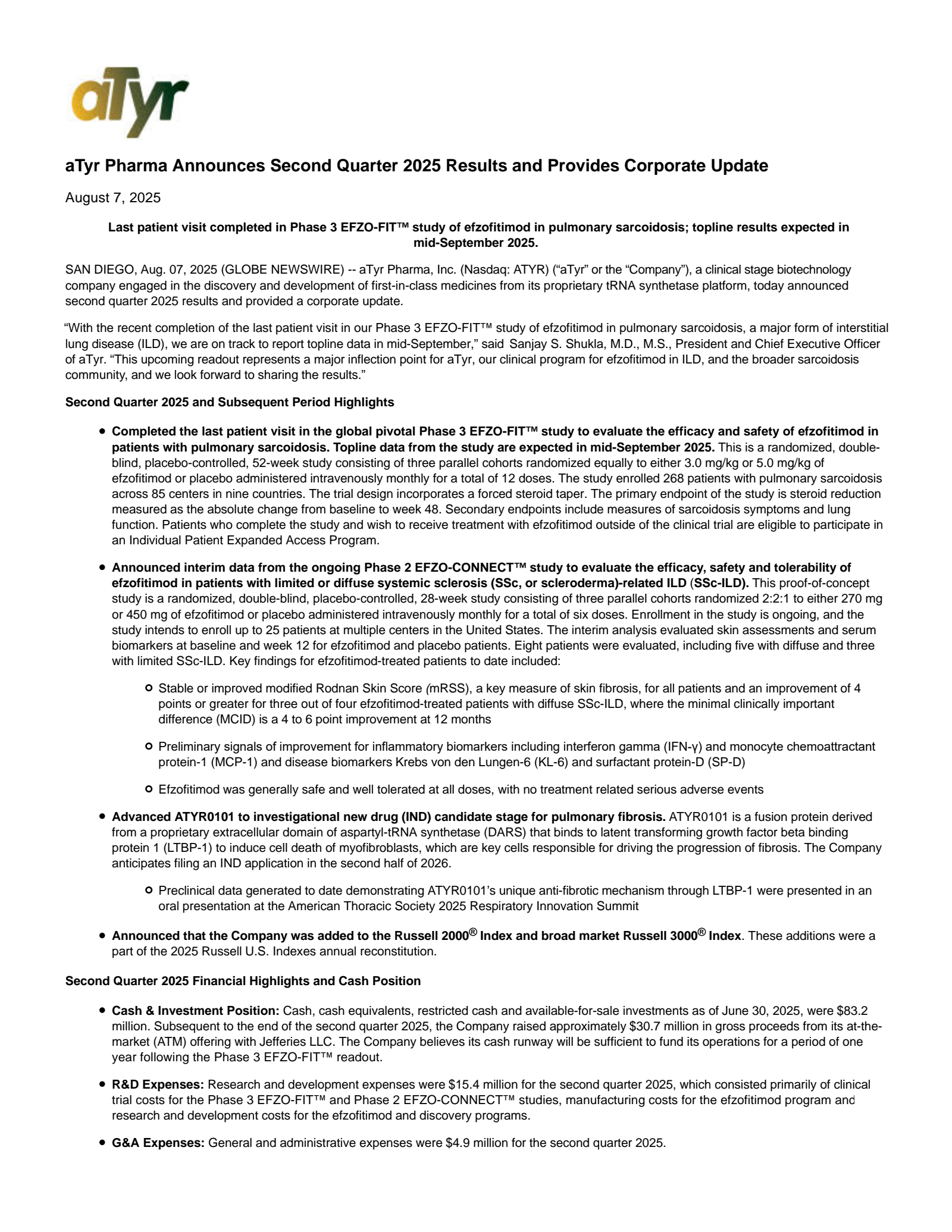 aTyr Pharma's Q2 2025 Press Release