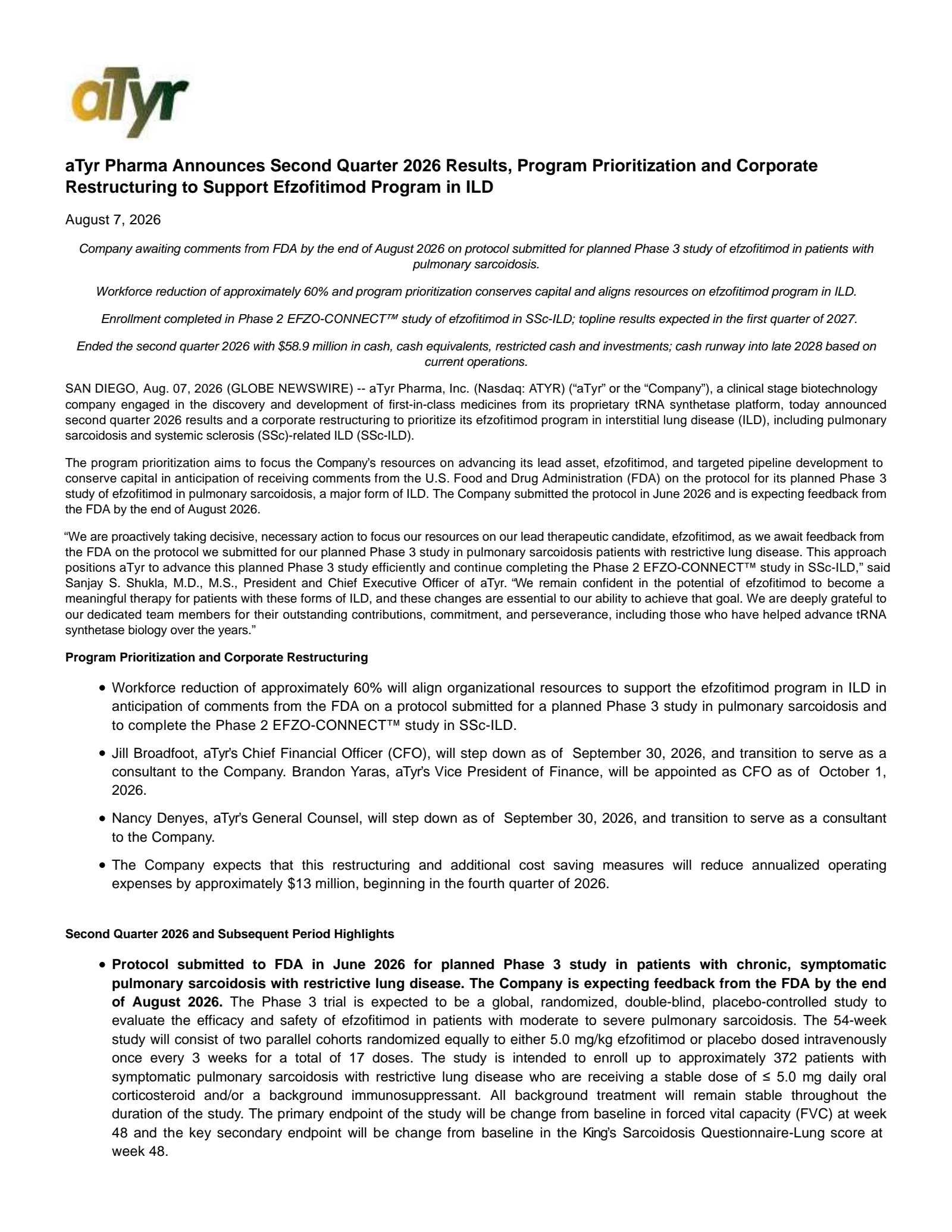 aTyr Pharma's Q2 2026 Press Release