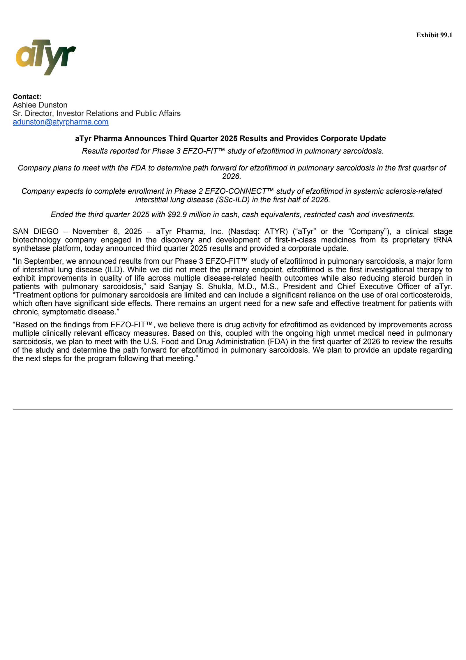 aTyr Pharma's Q3 2025 Earnings Release