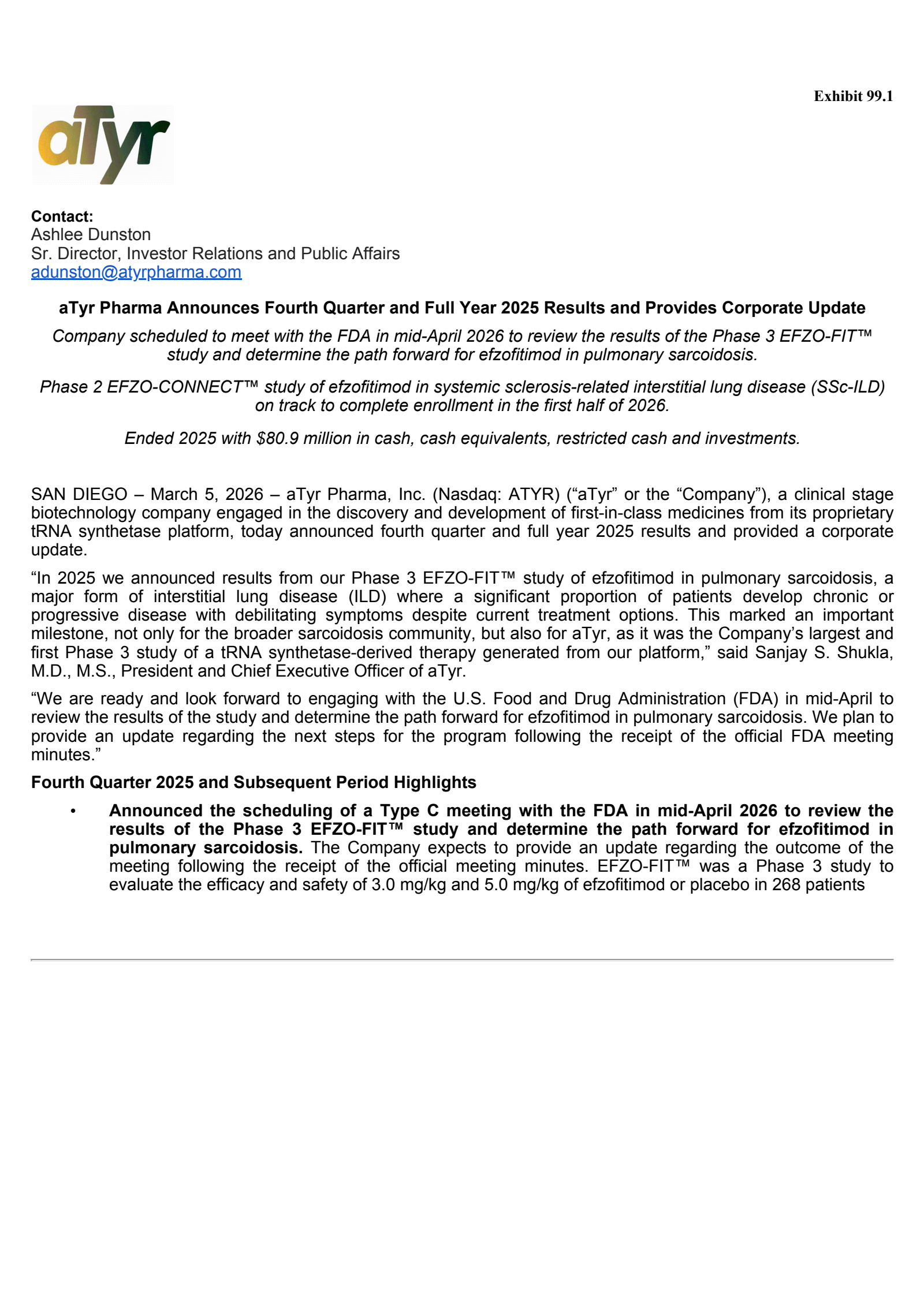 aTyr Pharma's Q4 2025 Press Release