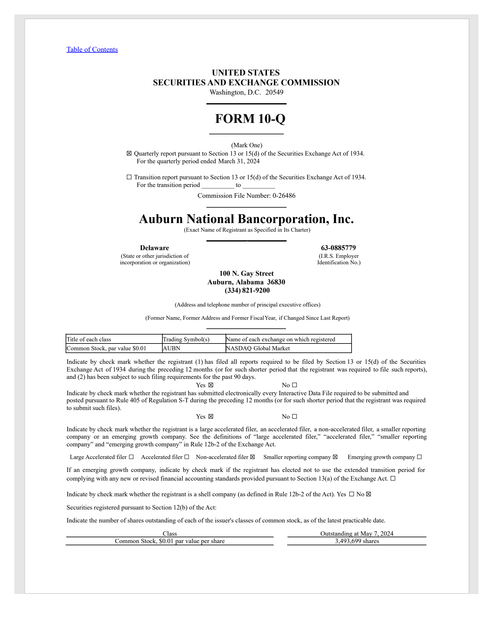 Auburn National Bancorporation's Q1 2024 Quarterly Report