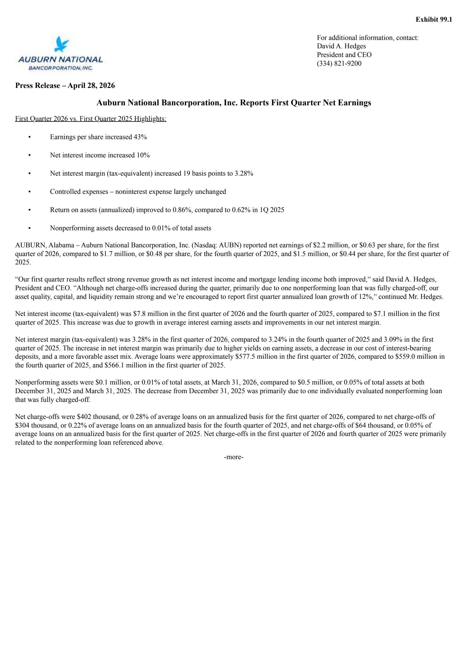 Auburn National Bancorporation's Q1 2026 Press Release
