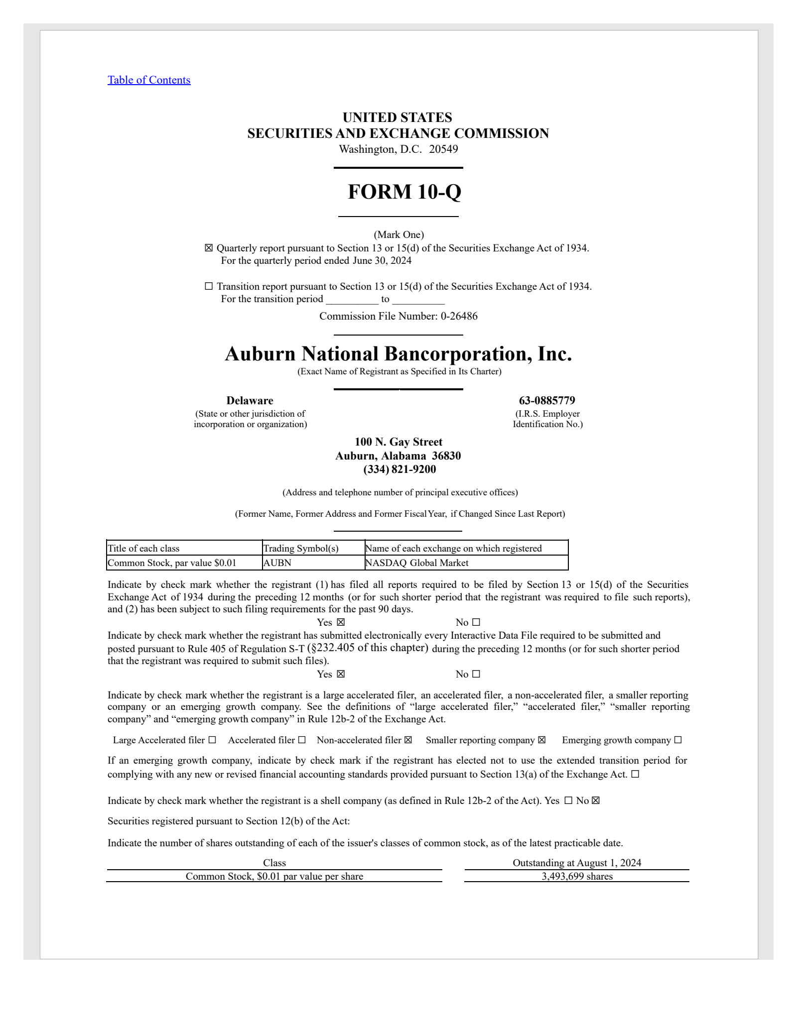 Auburn National Bancorporation's Q2 2024 Quarterly Report