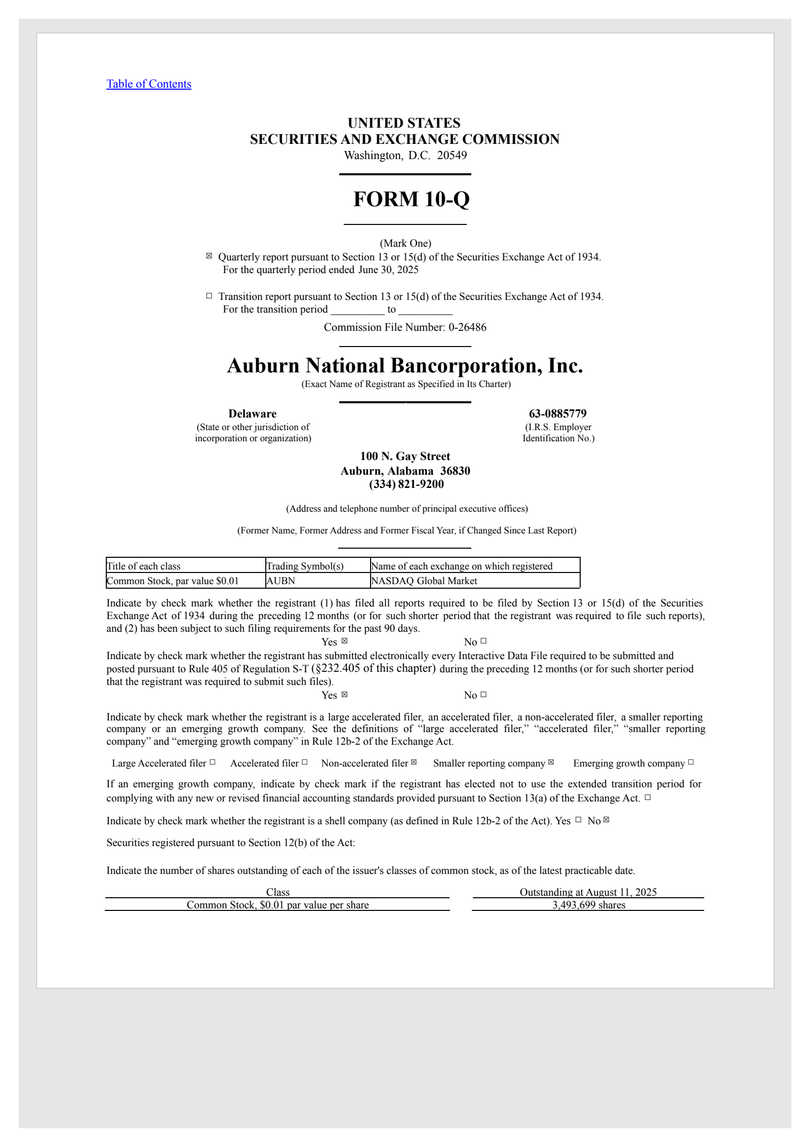 Auburn National Bancorporation's Q2 2025 Quarterly report