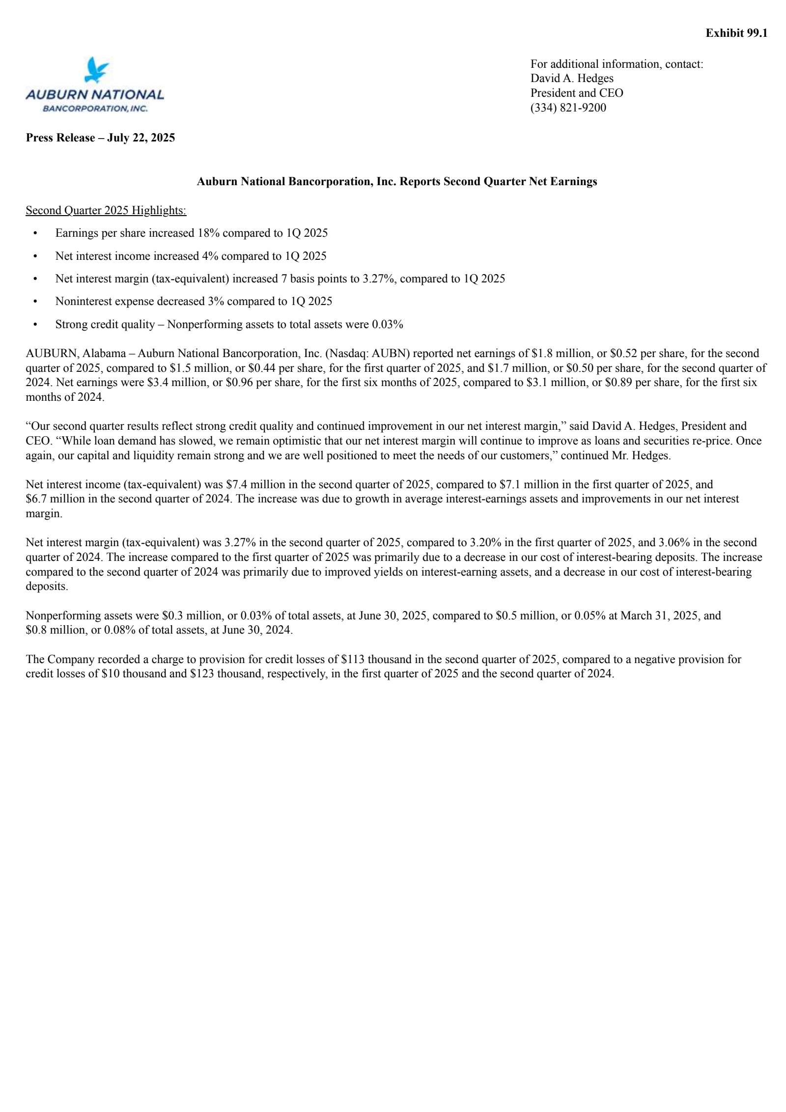 Auburn National Bancorporation's Q2 2025 Press Release
