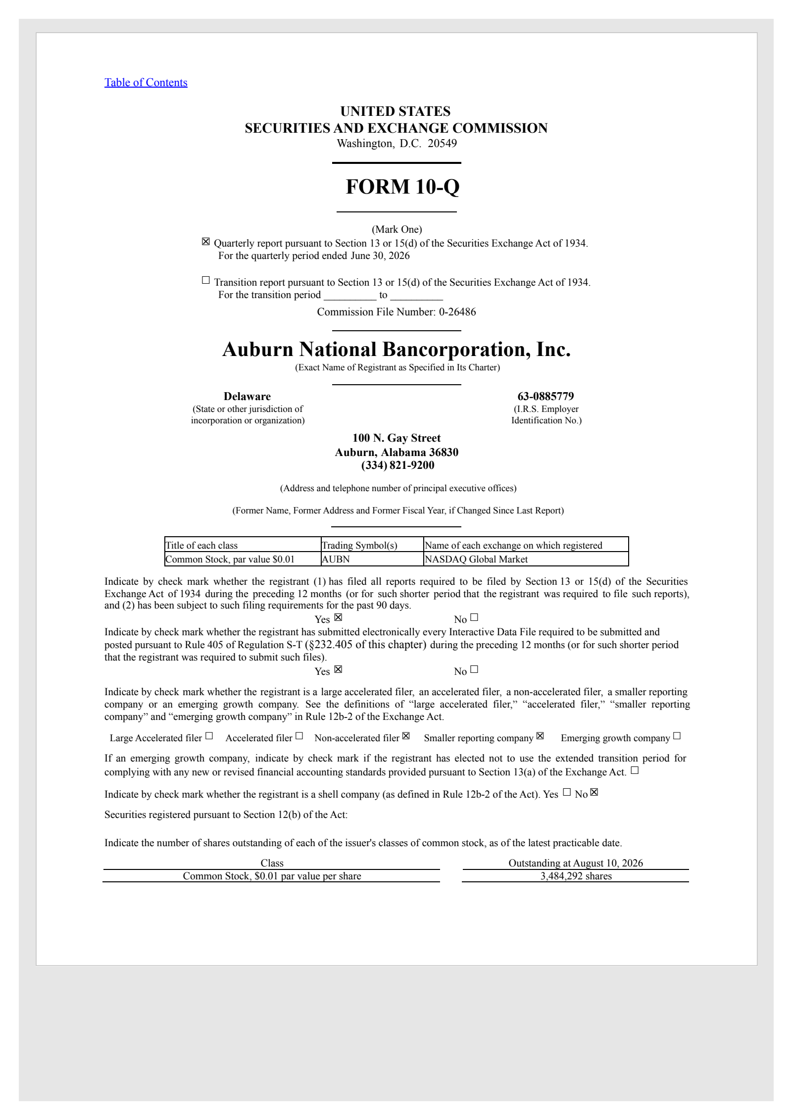 Auburn National Bancorporation's Q2 2026 Quarterly report