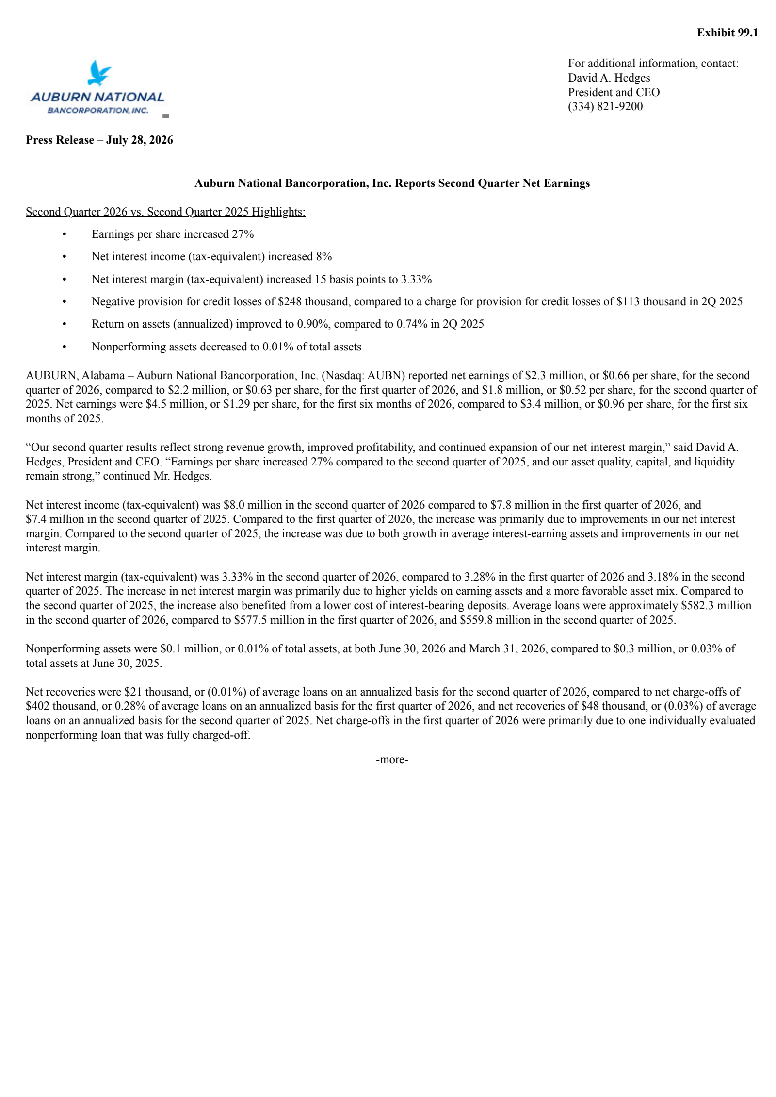 Auburn National Bancorporation's Q2 2026 Press Release