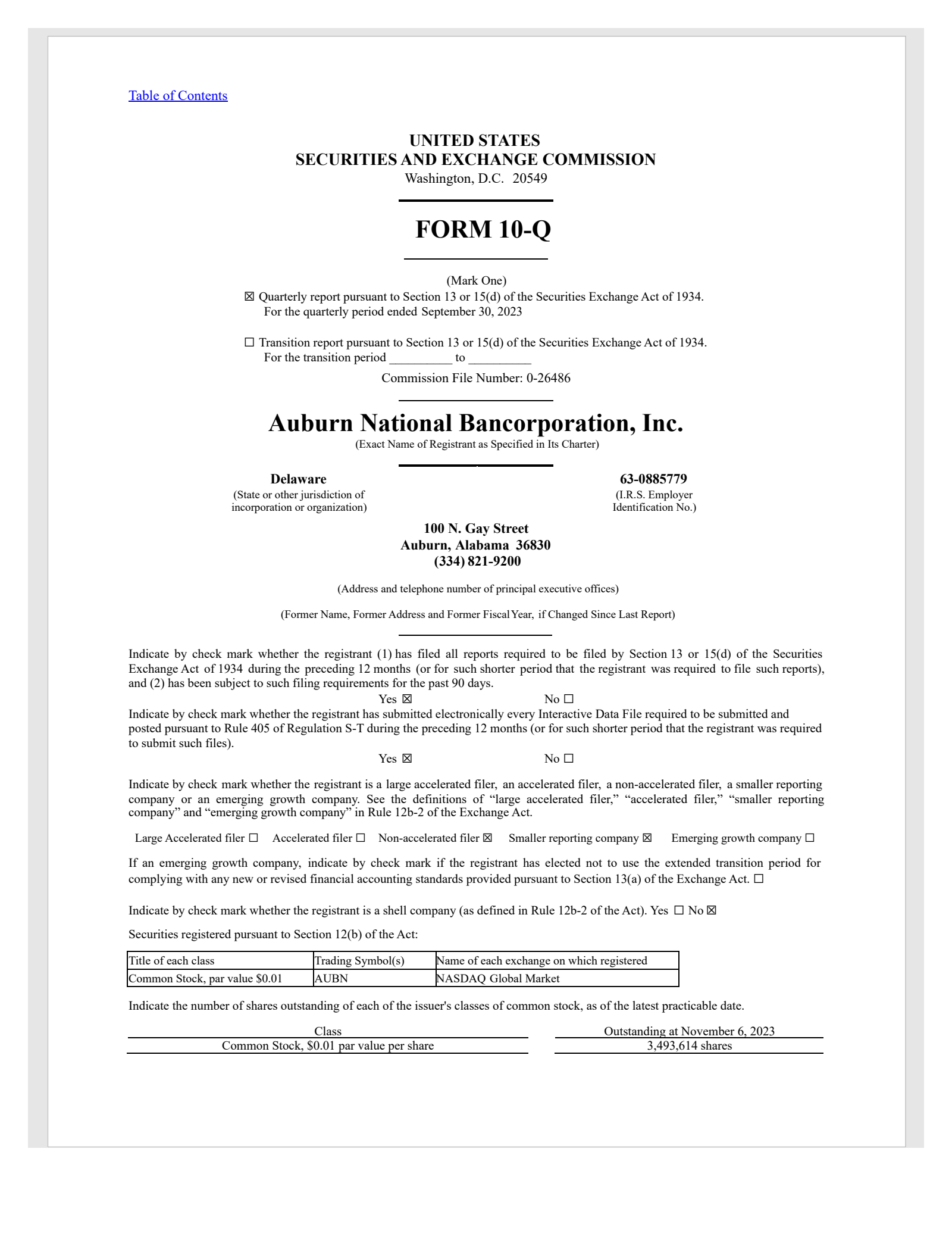 Auburn National Bancorporation's Q3 2023 Quarterly Report