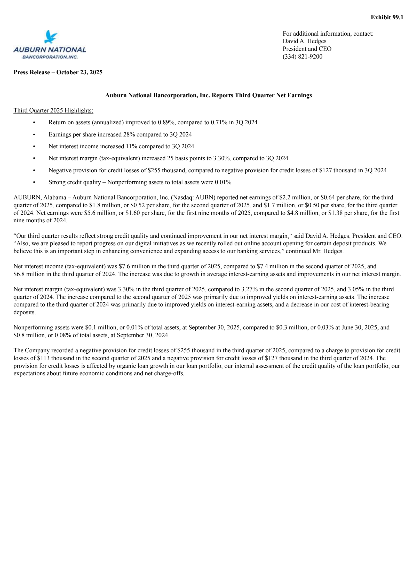 Auburn National Bancorporation's Q3 2025 Earnings Release