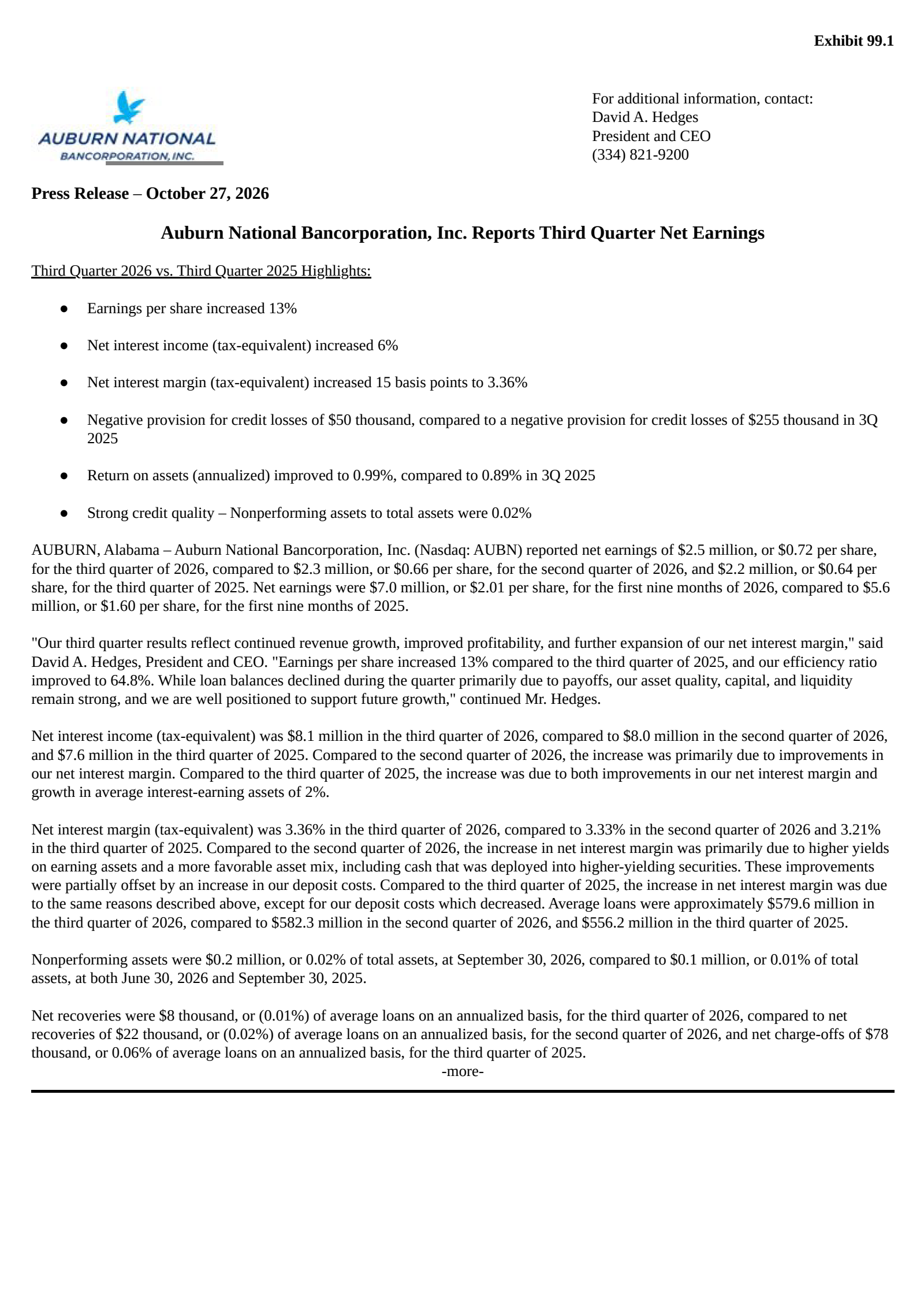 Auburn National Bancorporation's Q3 2026 Press Release